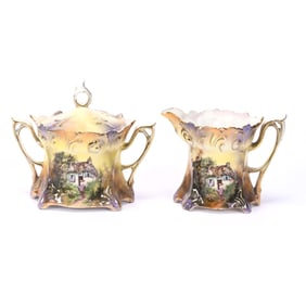 Creamer & Sugar Marked R.S. Prussia, Cottage Scene