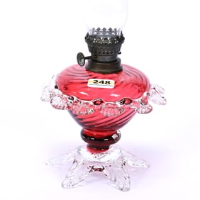 Miniature Kerosene Lamp, Cranberry Swirl