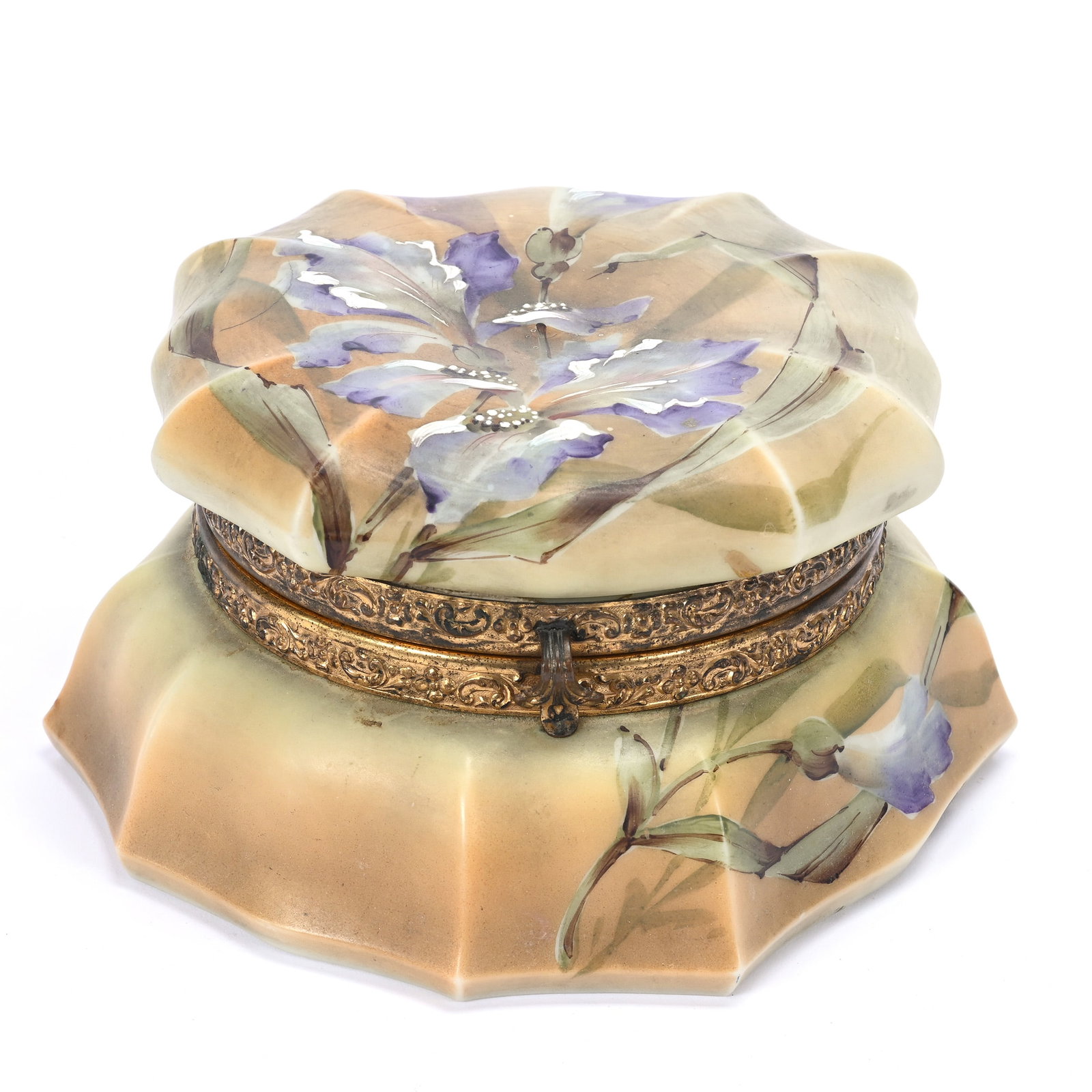 Jewel Box Marked Nakara Art Glass: Jewel Box Marked Nakara Art Glass, 3.5" x 6", Brown And Yellow Tones With Lavender Iris Decor, Estate Of Ray Callander.