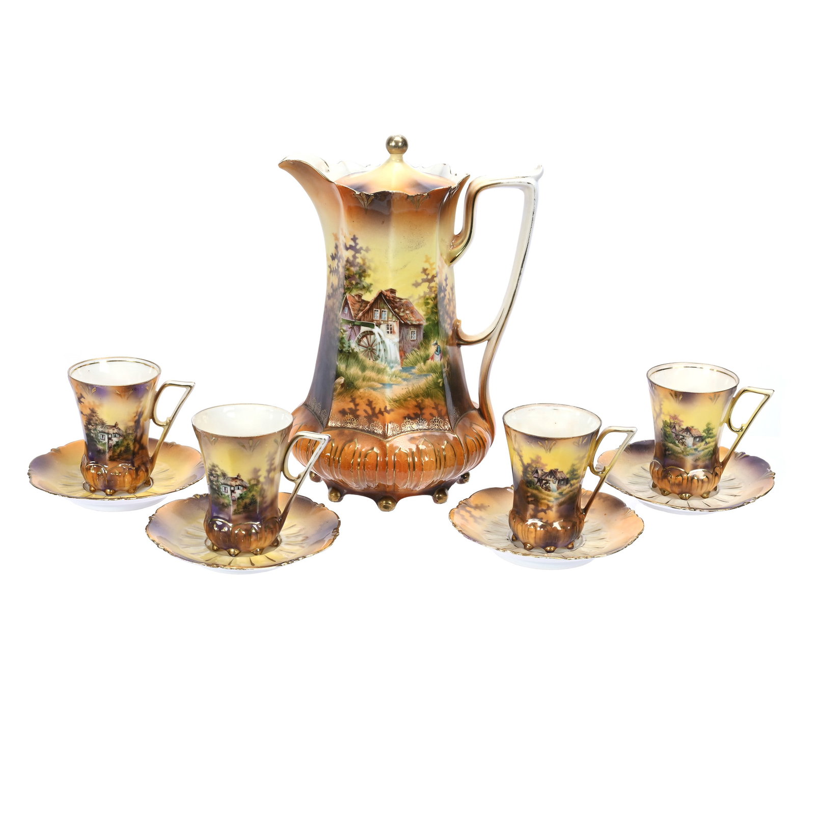 Chocolate Set Marked R. S. Prussia, Mill Scene: Chocolate Set Marked R. S. Prussia, Mill Scene, Mold 632, Brown Tones, (1) 9" x 6.25" Pot, (4) Matching Cups & Saucers With Mill And Cottage Scene, Illinois Private Collection.