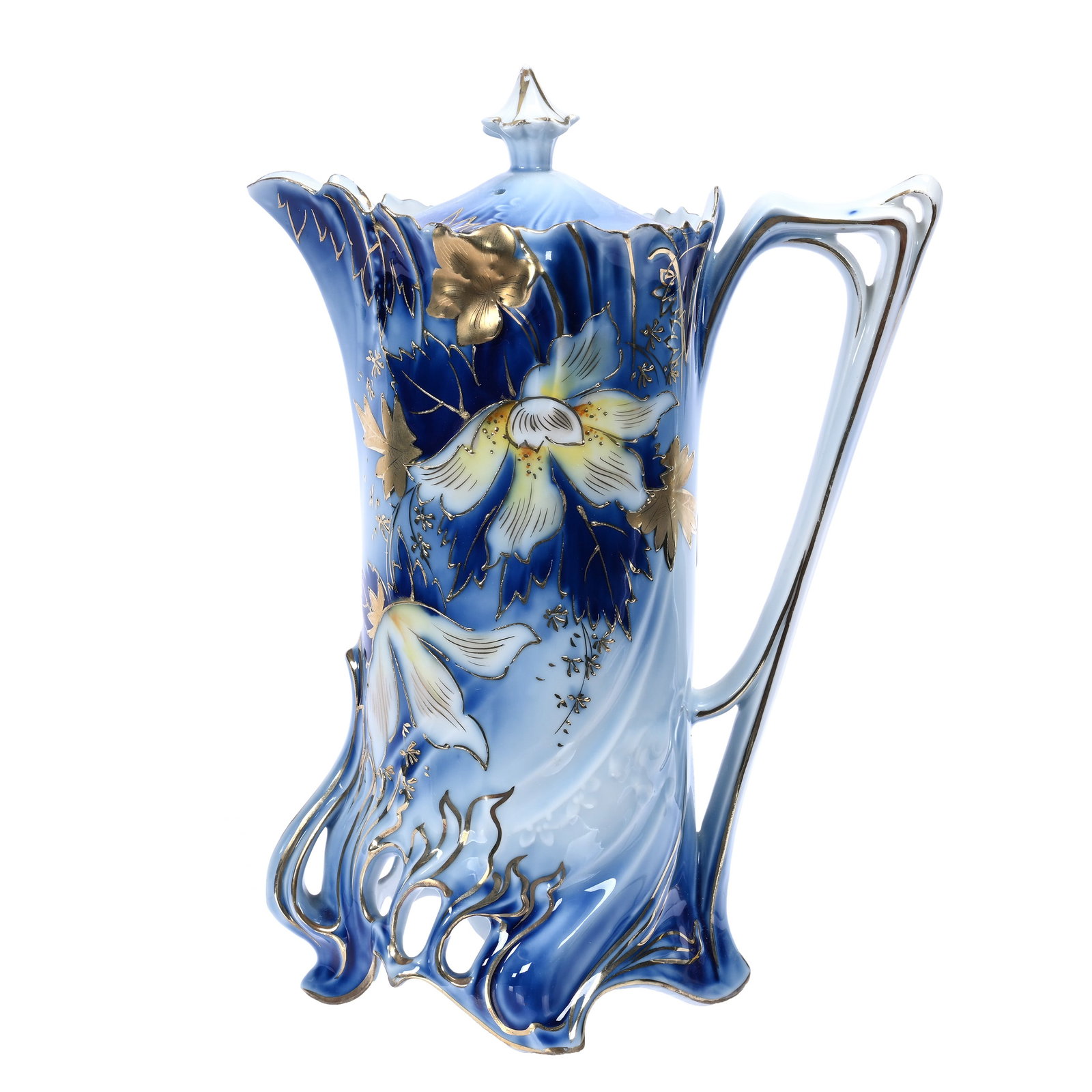 Chocolate Pot, Unmarked R. S. Prussia: Chocolate Pot, Unmarked R. S. Prussia, 10.25" x 7.5", R. S. Steeple Mold 14, Flawless Cobalt Blue With Stylized Floral And Gold Highlights, Illinois Private Collection.