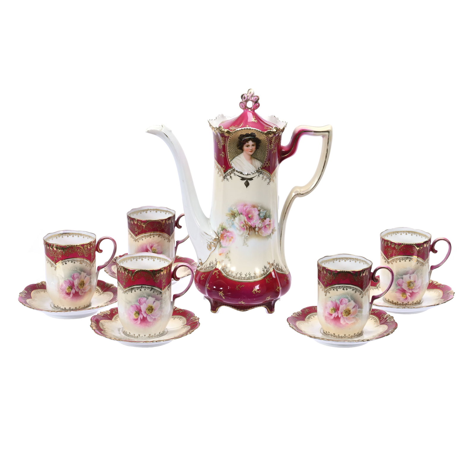 Coffee Set Marked R. S. Prussia, Medallion Mold: Coffee Set Marked R. S. Prussia, Medallion Mold, Cream Tones, Red Border, Floral Decor, (1) 9.25" x 7.75" Coffee Pot Features Medallion Portrait Of Lebrun With Ribbon And Lebrun With Hat On Gold Tapes
