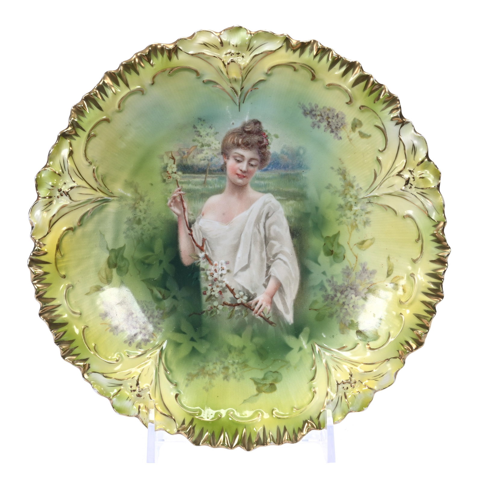 Plate Marked R. S. Prussia, Spring Season: Plate Marked R. S. Prussia, Spring Season, 8.75", Floral And Ruffled Mold, Spring Season Portrait Decor, Yellow And Green Tones, Illinois Private Collection.