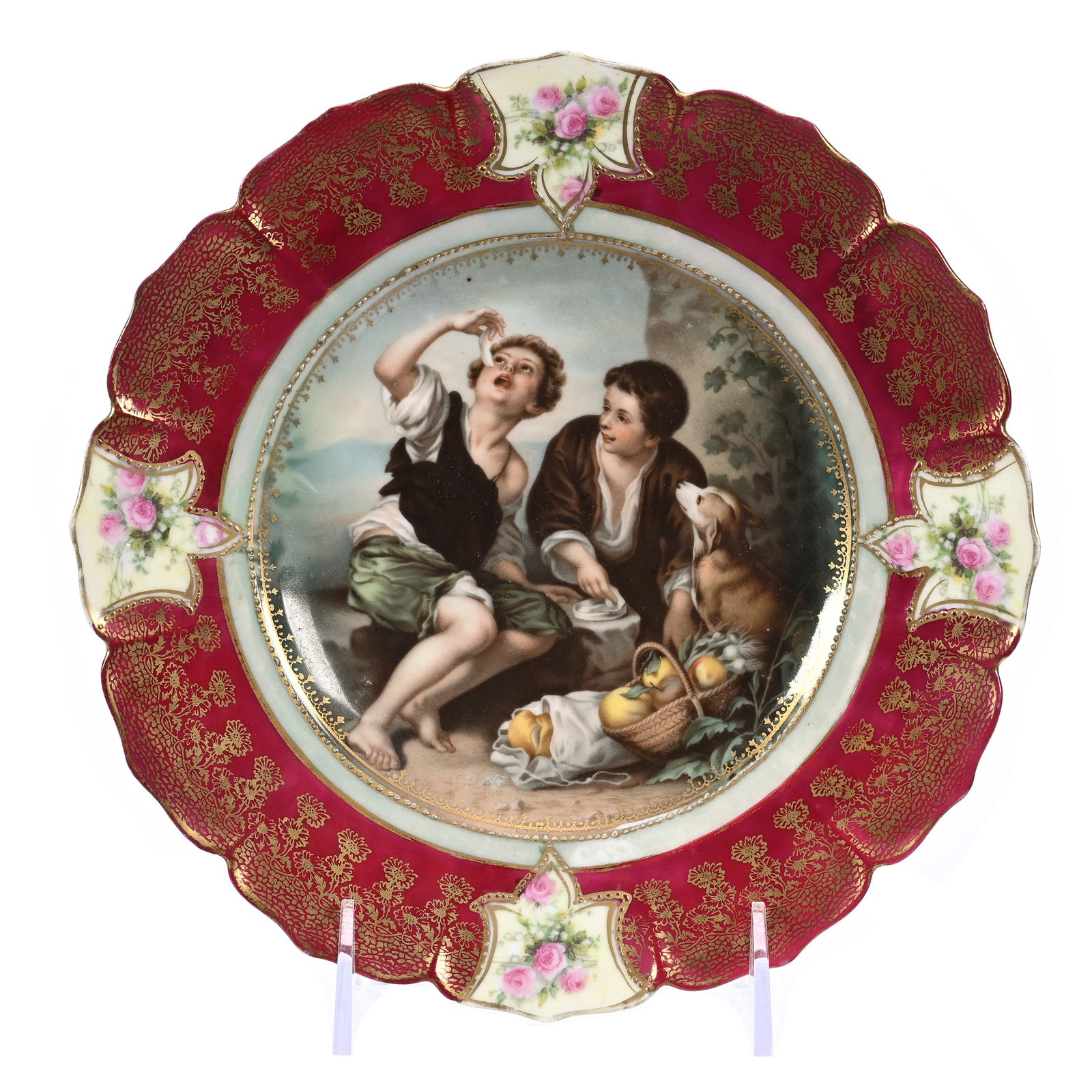 Plate Marked R. S. Prussia, Melon Eater Scenic Decor: Plate Marked R. S. Prussia, Melon Eater Scenic Decor, 8.75", Red Border, Floral And Gold Stencil Highlights, Illinois Private Collection.