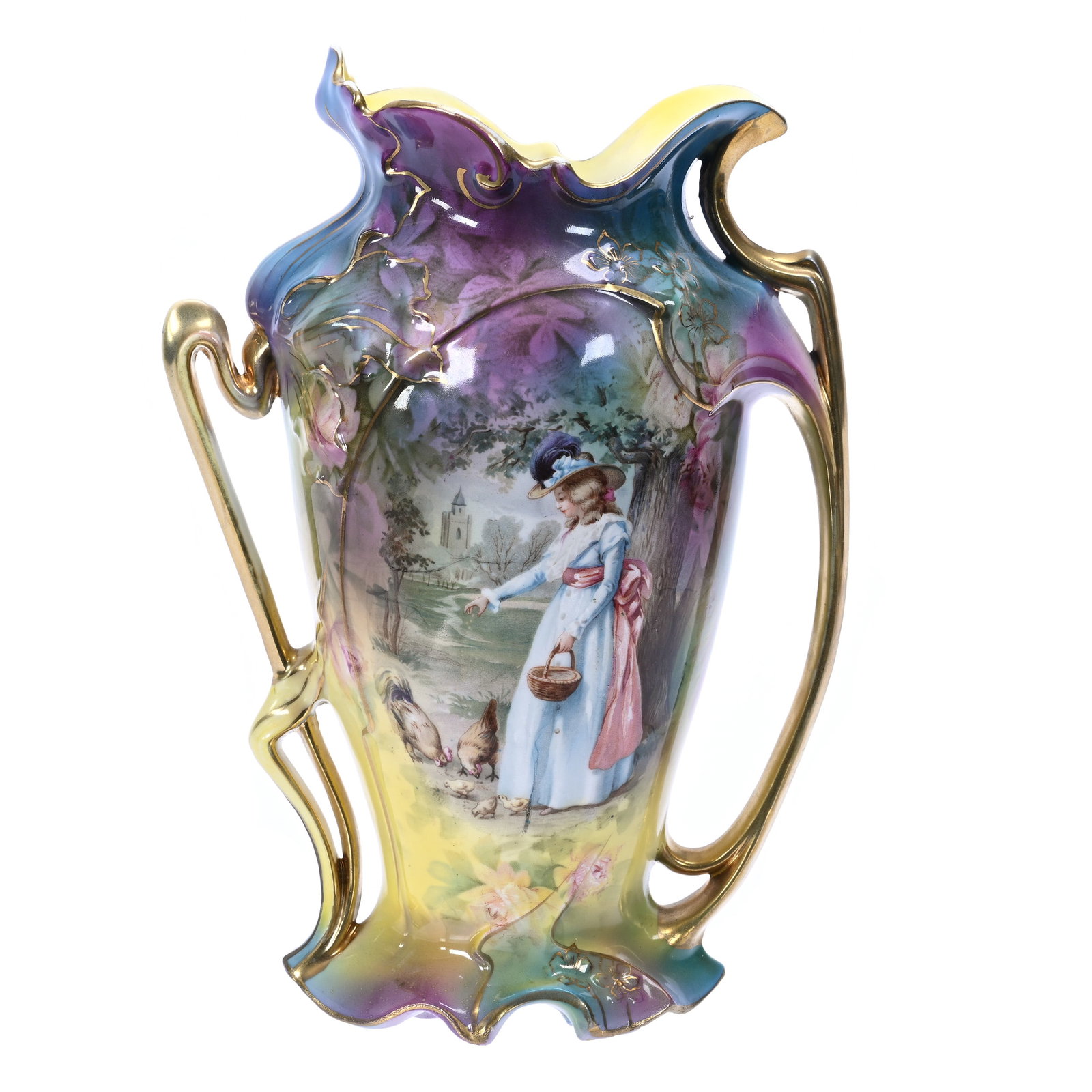 Vase, Unmarked Royal Vienna, Medallion Scene: Vase, Unmarked Royal Vienna, Medallion Scene, 9" x 6.5", Royal Vienna Mold 2, Blue, Lavender, Green And Yellow Tones With Woman Feeding Chicks, Two Handles, Illinois Private Collection.
