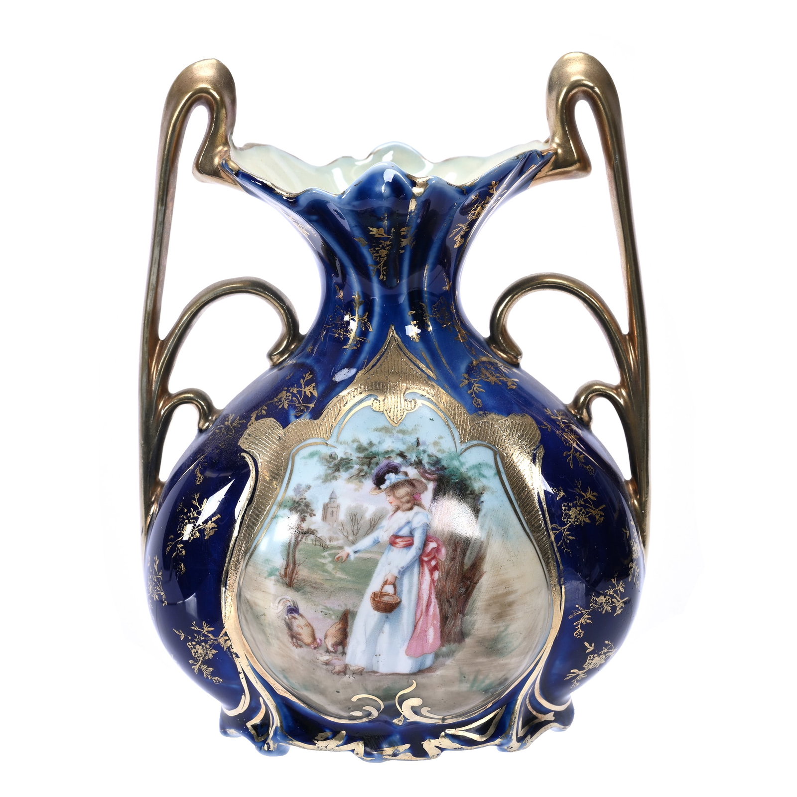 Vase, Unmarked Royal Vienna, Scenic Decor: Vase, Unmarked Royal Vienna, Scenic Decor, 6.5" x 4.75", Woman Feeding Chicks Scenic Decor, Excellent Gold Trim Highlights, Two Handles, Illinois Private Collection.