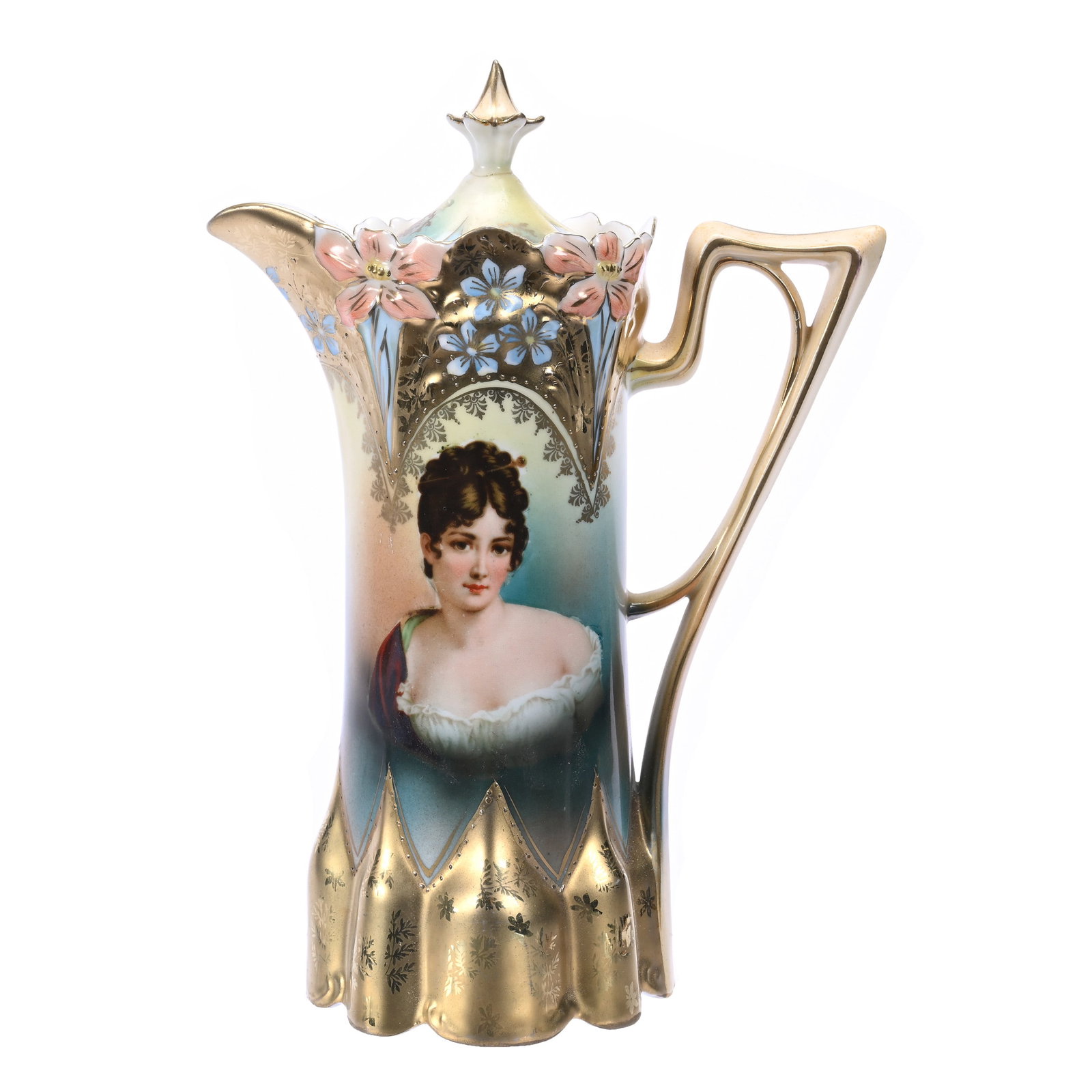 Chocolate Pot, Unmarked R. S. Prussia, Portrait: Chocolate Pot, Unmarked R. S. Prussia, Portrait, 9.5" x 6.75", Lily Mold, Green And Yellow Ground With Recamier Portrait, Heavy Gold Border, Finial Repair, Illinois Private Collection.
