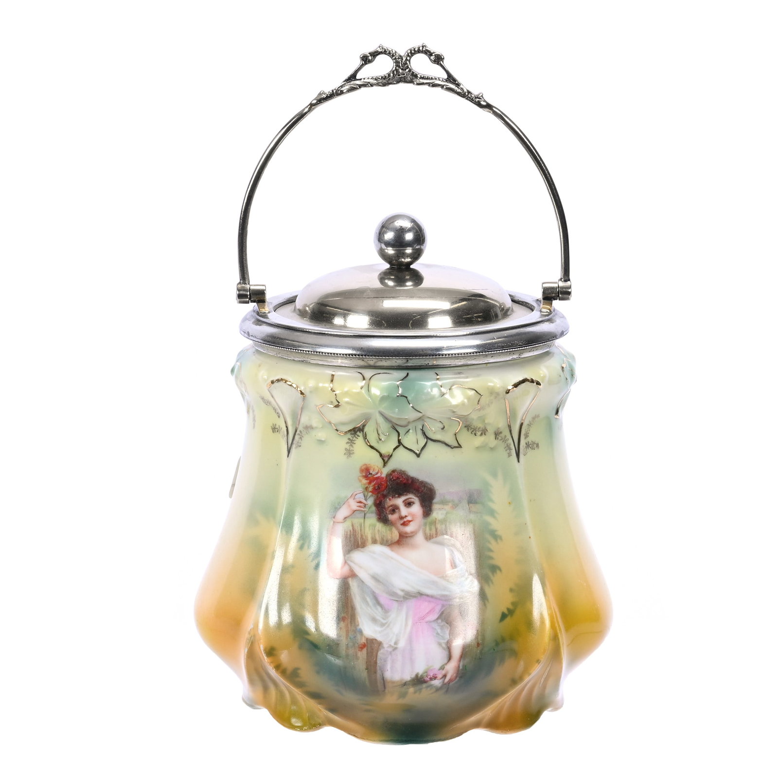 Biscuit Jar, Unmarked R. S. Prussia, Summer Season: Biscuit Jar, Unmarked R. S. Prussia, Summer Season, 7" x 6", Portrait Decor, Brown, Green And Yellow Tones, Silverplate Lid And Bail, Illinois Private Collection.