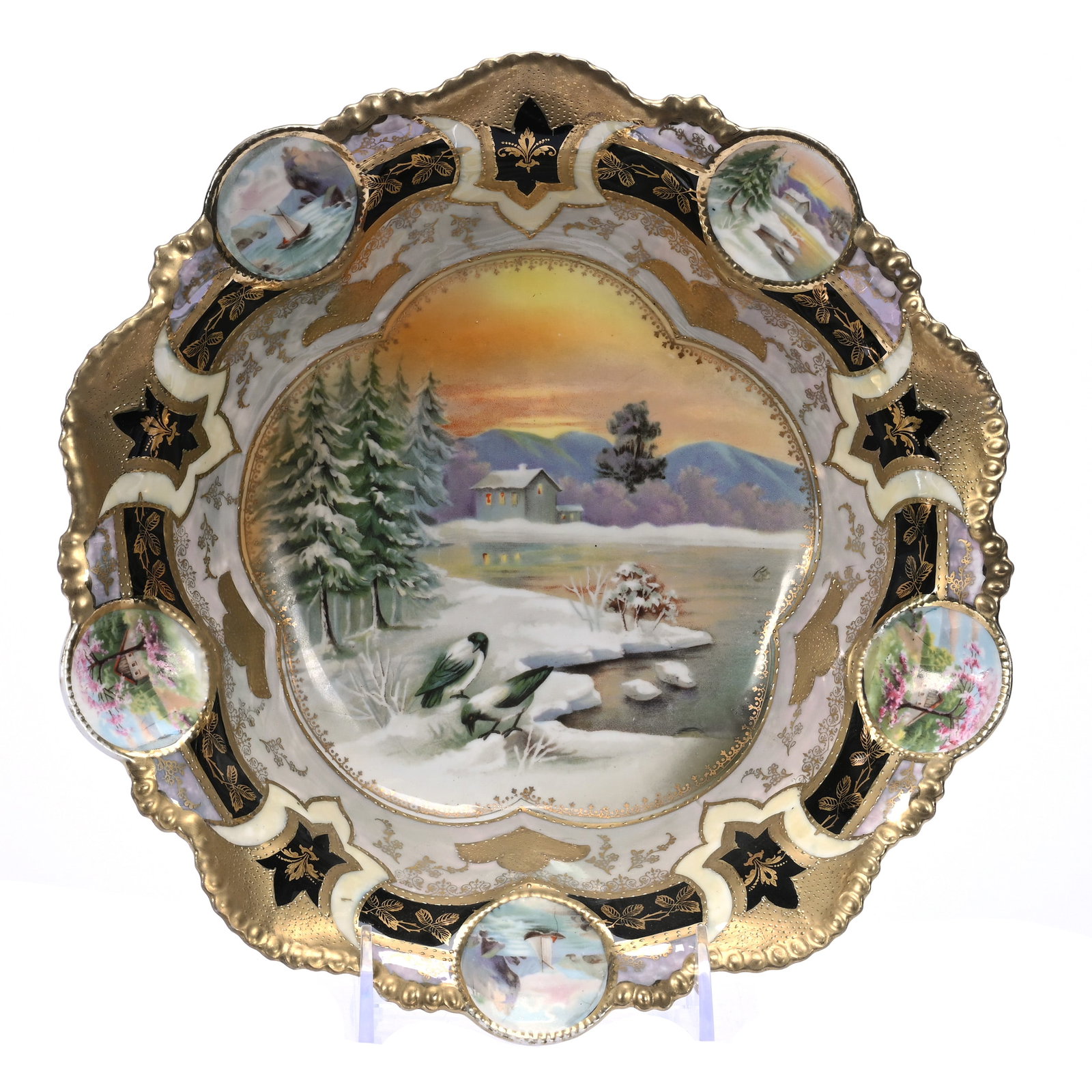 Bowl Marked R. S. Prussia, Snowbird Scenic Decor: Bowl Marked R. S. Prussia, Snowbird Scenic Decor, 11", Medallion Mold, Scenic Medallions Featuring Old Man In Mountain, Sheepherder, And Snowbird, Light Amethyst Luster And Black Border With Extensive