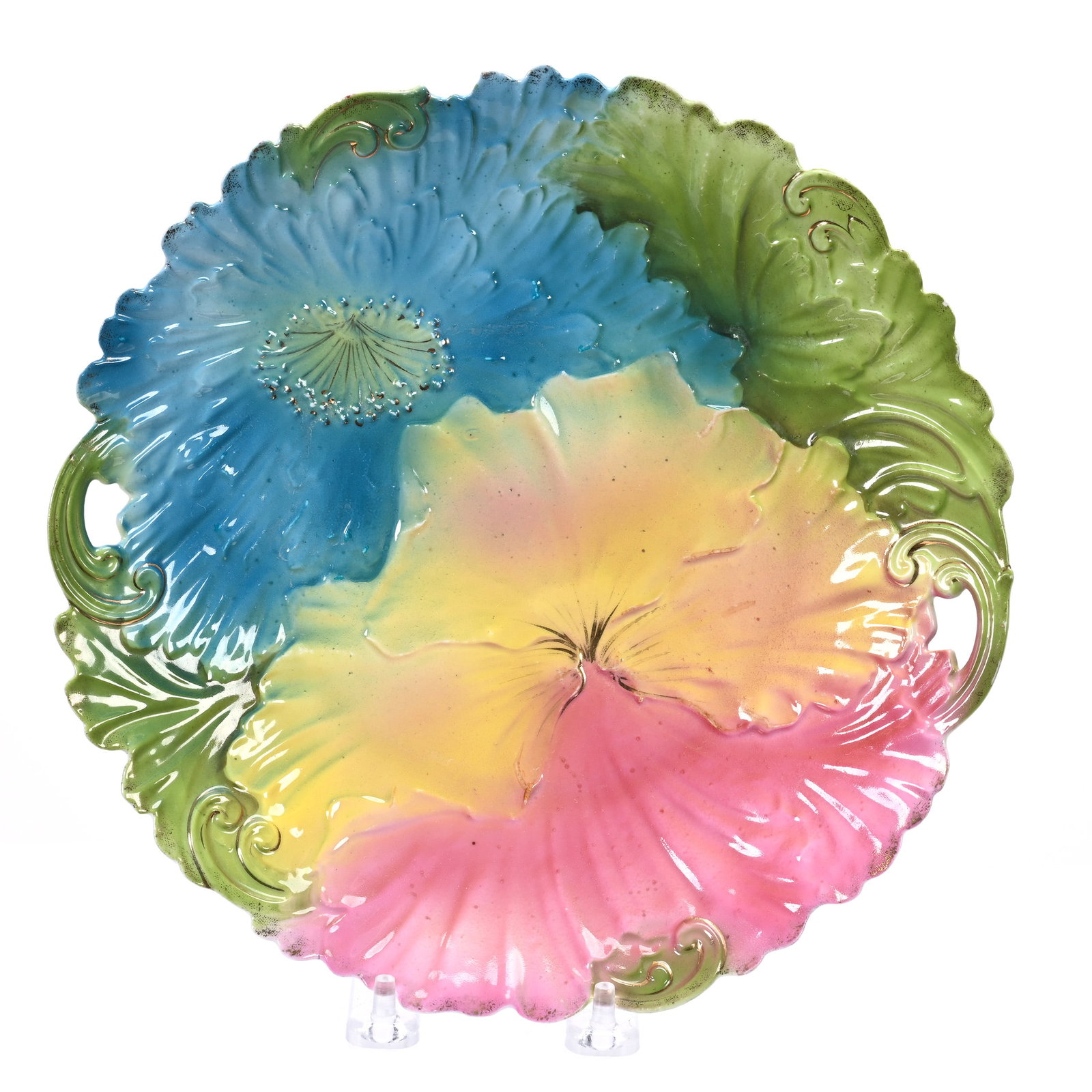 Cake Plate, Unmarked R. S. Prussia: Cake Plate, Unmarked R. S. Prussia, 9.75", Large Floral Mold With Blue, Yellow, Pink And Green Tones, Illinois Private Collection.