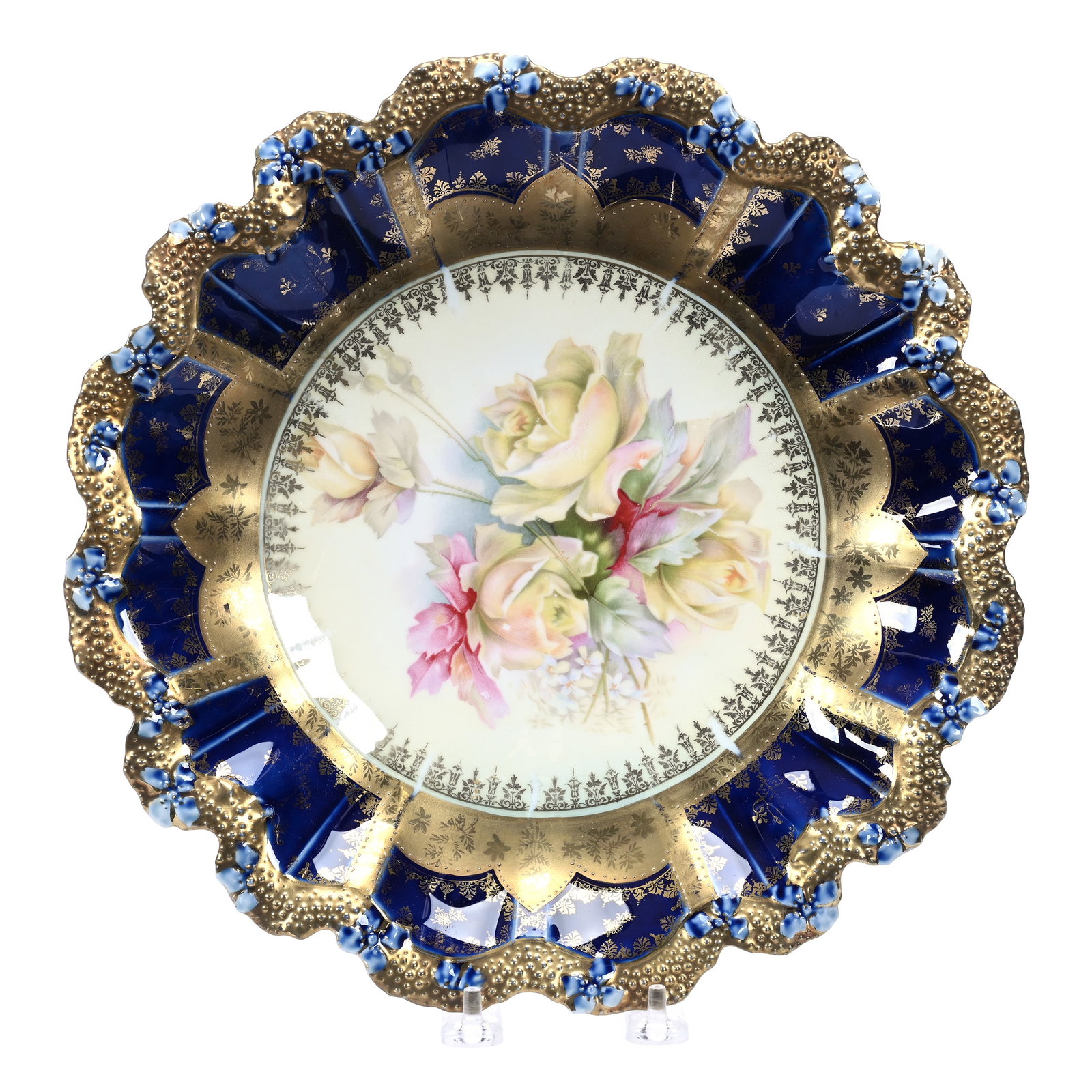 Plate, Unmarked R. S. Prussia: Plate, Unmarked R. S. Prussia, 12", Cream Center With Yellow Rose Decor, Cobalt Blue Border With Exceptional Gold Highlights, Illinois Private Collection.