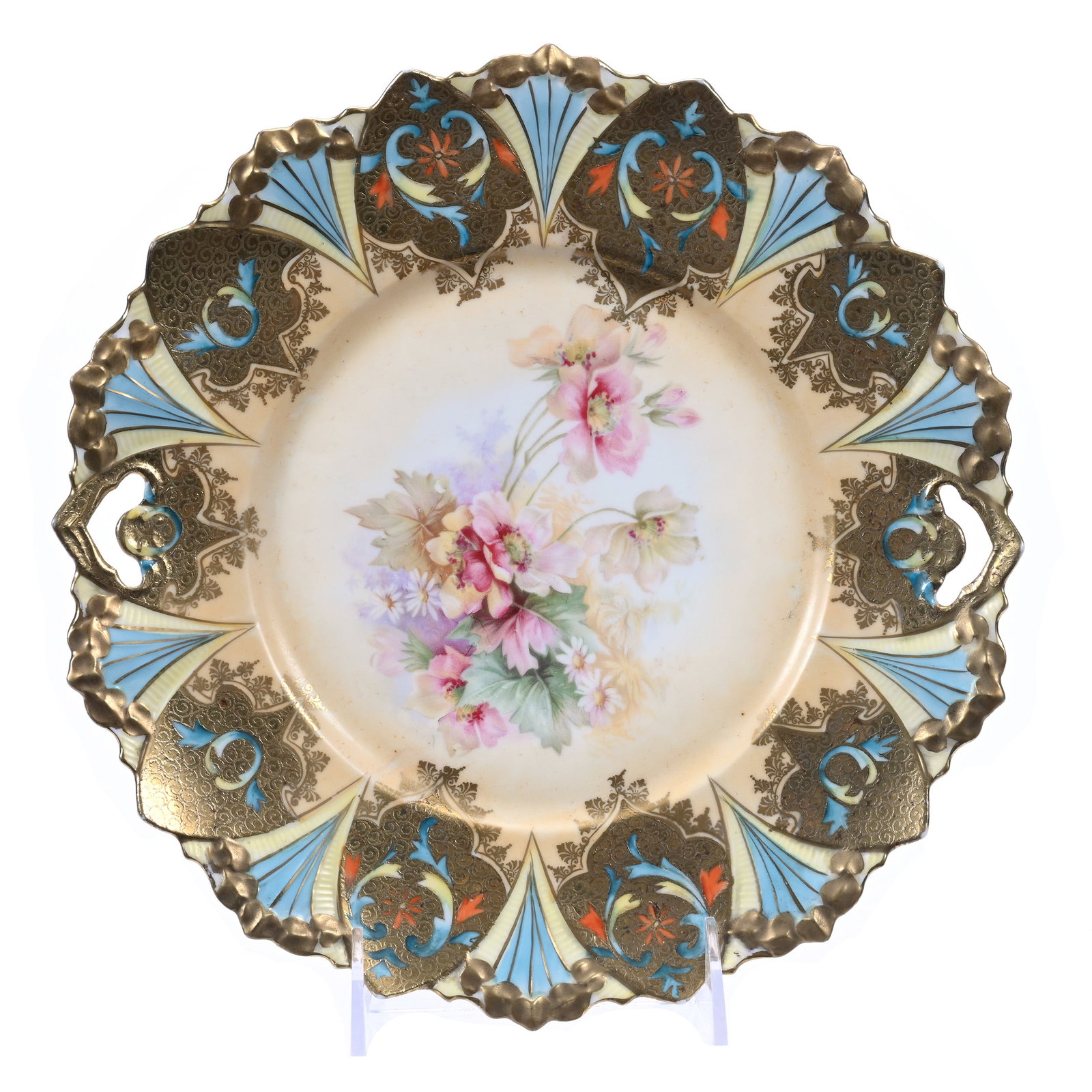 Cake Plate, Unmarked R. S. Prussia: Cake Plate, Unmarked R. S. Prussia, 10", Cream Tones With Wild Floral Decor, Brocaded Gold Domes With Colorful Scroll Highlights, Nice Quality, Illinois Private Collection.