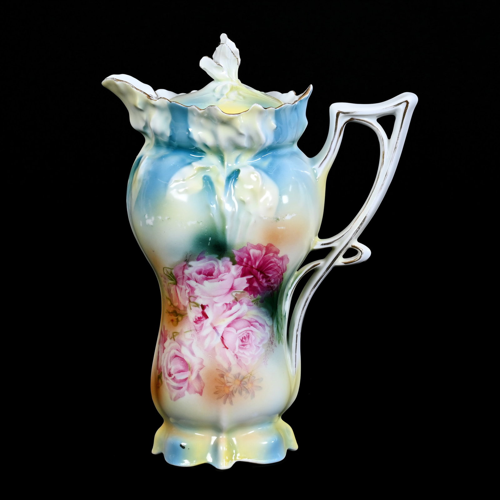 Chocolate Pot Marked R. S. Prussia: Chocolate Pot Marked R. S. Prussia, 10.25" x 7.5", Iris Mold, Blue And Yellow Tones, Pink Rose Decor, Base Chip, Illinois Private Collection.