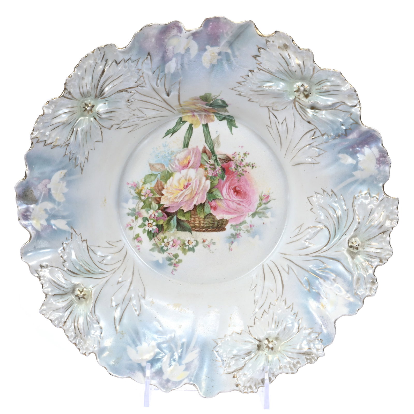 Bowl Marked R. S. Prussia: Bowl Marked R. S. Prussia, 12", Light Blue And Lavender Satin Finish, Hanging Basket Decor, Rim Hairline, Illinois Private Collection.