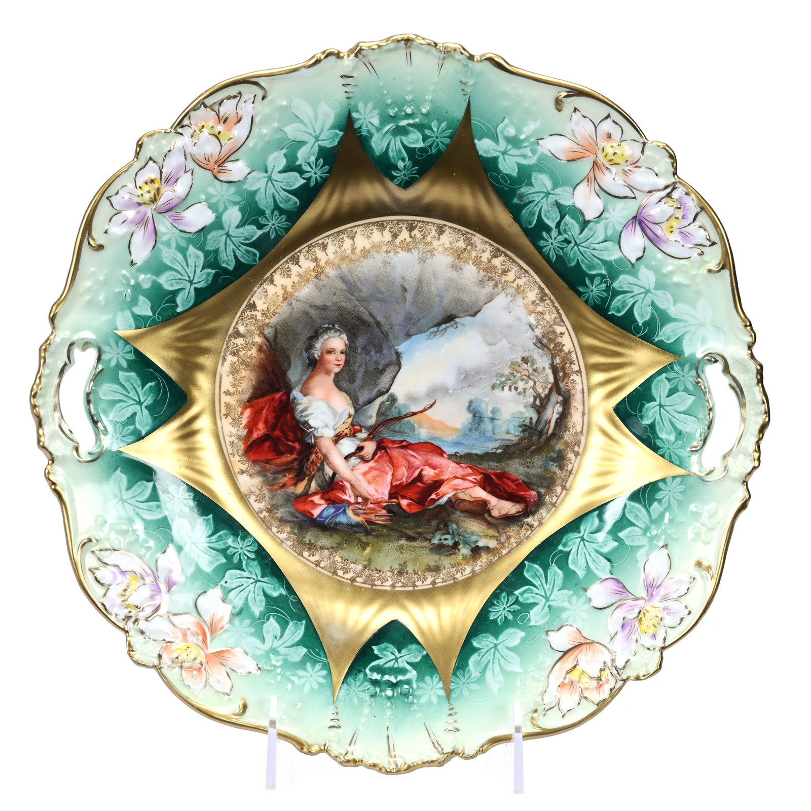 Cake Plate, Unmarked R. S. Prussia, Scenic Decor: Cake Plate, Unmarked R. S. Prussia, Scenic Decor, 11", Mold 339, Diana The Huntress Decor, Heavy Gold And Green Border, Illinois Private Collection.