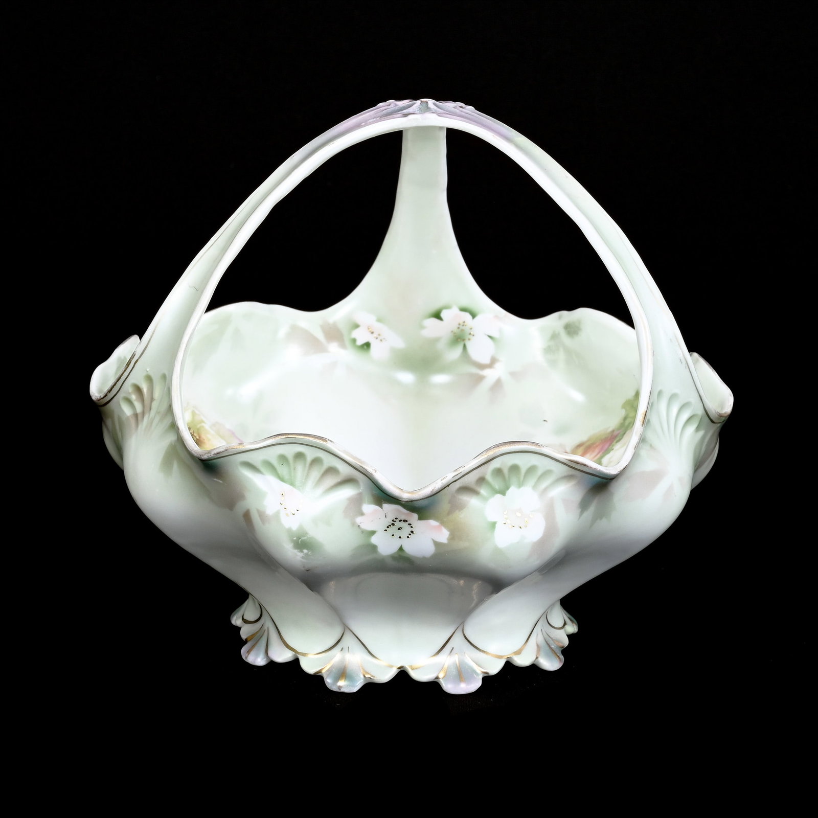 Basket, Three Handles, Marked R. S. Prussia: Basket, Three Handles, Marked R. S. Prussia, 7.5" x 8.75", Green And White Satin Finish, Poppy Decor, Illinois Private Collection.