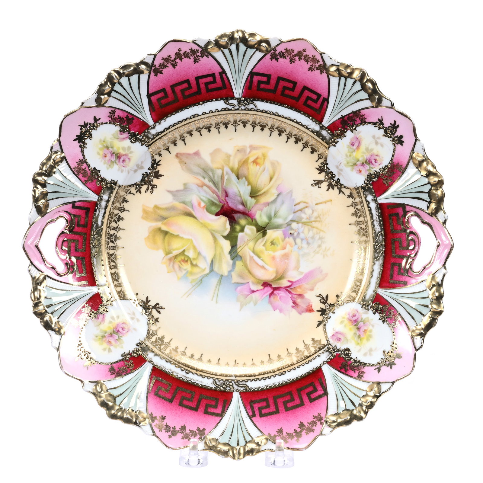 Cake Plate, Unmarked R. S. Prussia: Cake Plate, Unmarked R. S. Prussia, 11.25", Cream Center With Yellow Rose Decor, Pink Border With Gold Greek Key Design, Floral Medallion Highlights, Illinois Private Collection.