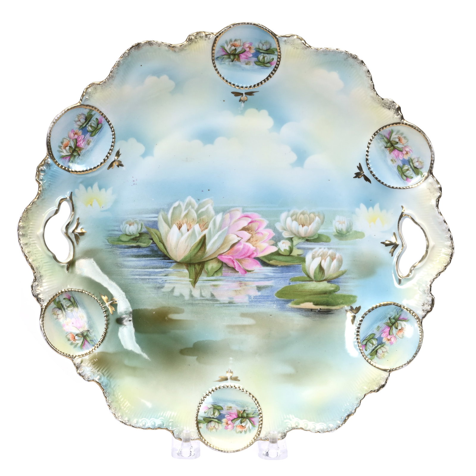 Cake Plate Marked R. S. Prussia: Cake Plate Marked R. S. Prussia, 11", Medallion Mold, Blue, Green And Yellow Tones, Waterlily Decor, Waterlily Medallions, Illinois Private Collection.