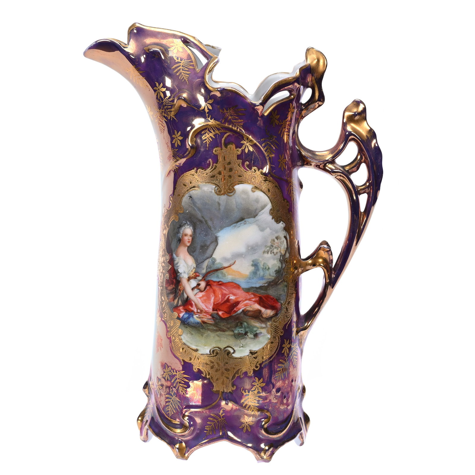 Ewer Marked Royal Vienna, Medallion Scene: Ewer Marked Royal Vienna, Medallion Scene, 8.5" x 6", Tusk Shape, Iridescent Ground With Medallion Scene Of Diana The Huntress, Gold Stencil Highlights, Two Foot Chips, Illinois Private Collection.