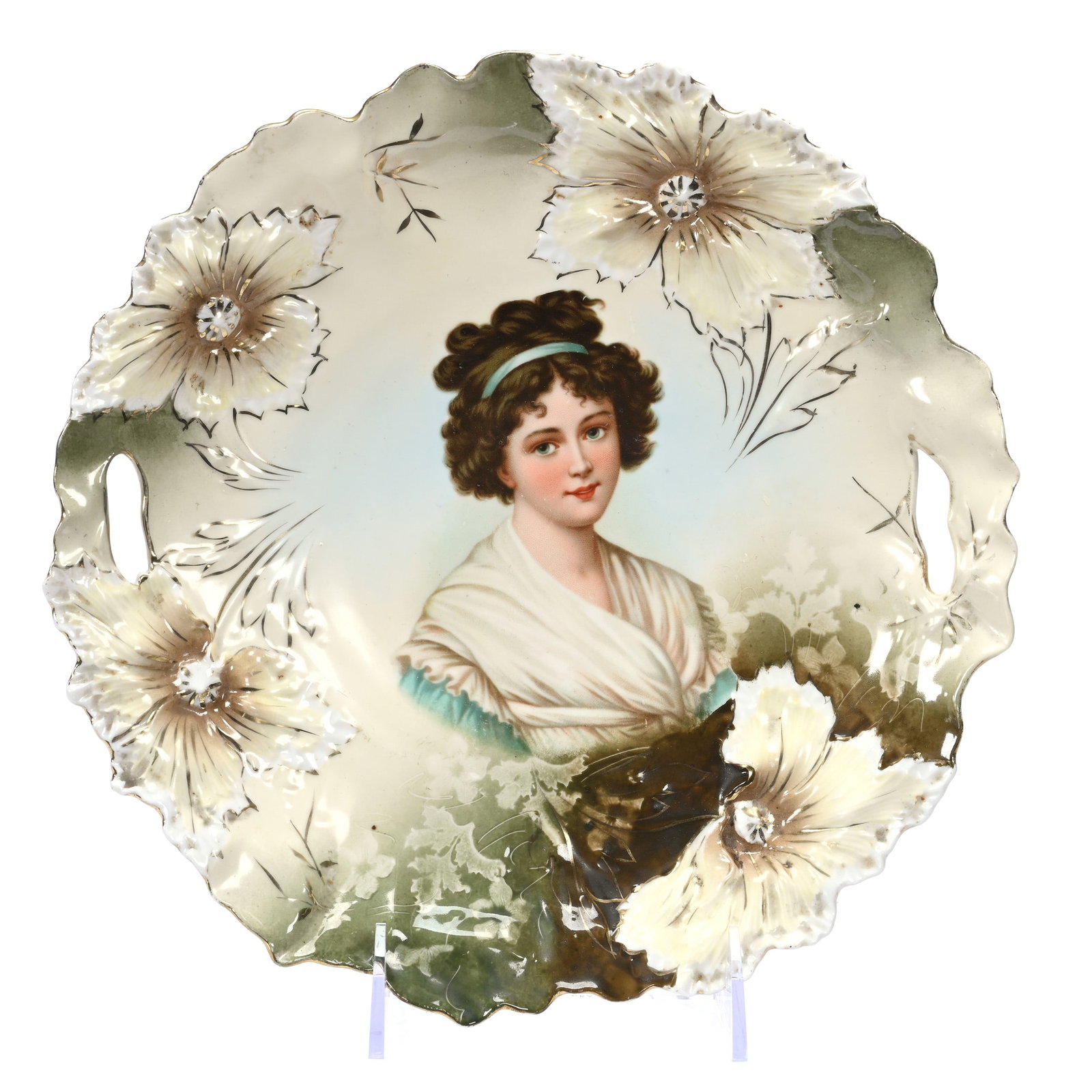 Cake Plate Marked R. S. Prussia, Lebrun Portrait: Cake Plate Marked R. S. Prussia, Lebrun Portrait, 10.25", Carnation Mold, Cream, Green And Blue Tones, Lebrun With Ribbon Portrait, Illinois Private Collection.