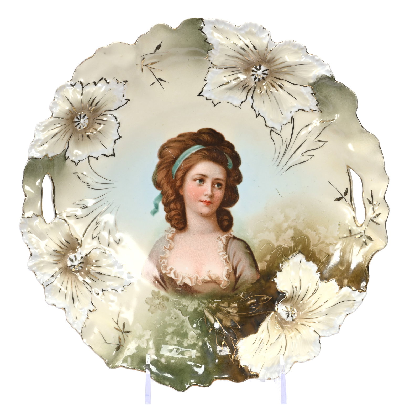 Cake Plate Marked R. S. Prussia, Potocka Portrait: Cake Plate Marked R. S. Prussia, Potocka Portrait, 10.25", Carnation Mold, Cream, Green And Blue Tones, Small Surface Scratch, Illinois Private Collection.