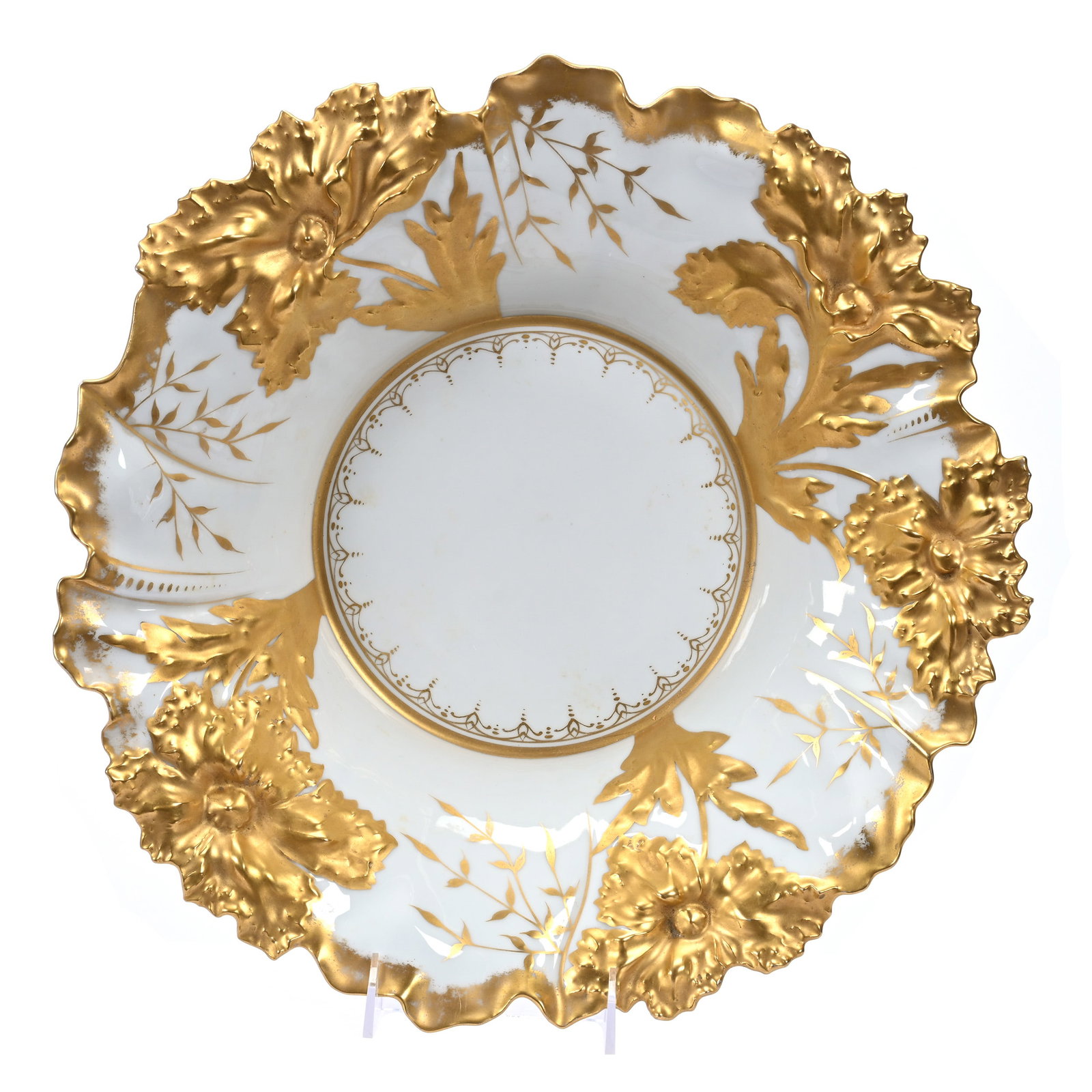 Center Bowl Marked R. S. Germany, Carnation Mold: Center Bowl Marked R. S. Germany, Carnation Mold, 15", Bright White With Incredible Gold Highlights, Extra Nice Quality, Illinois Private Collection.