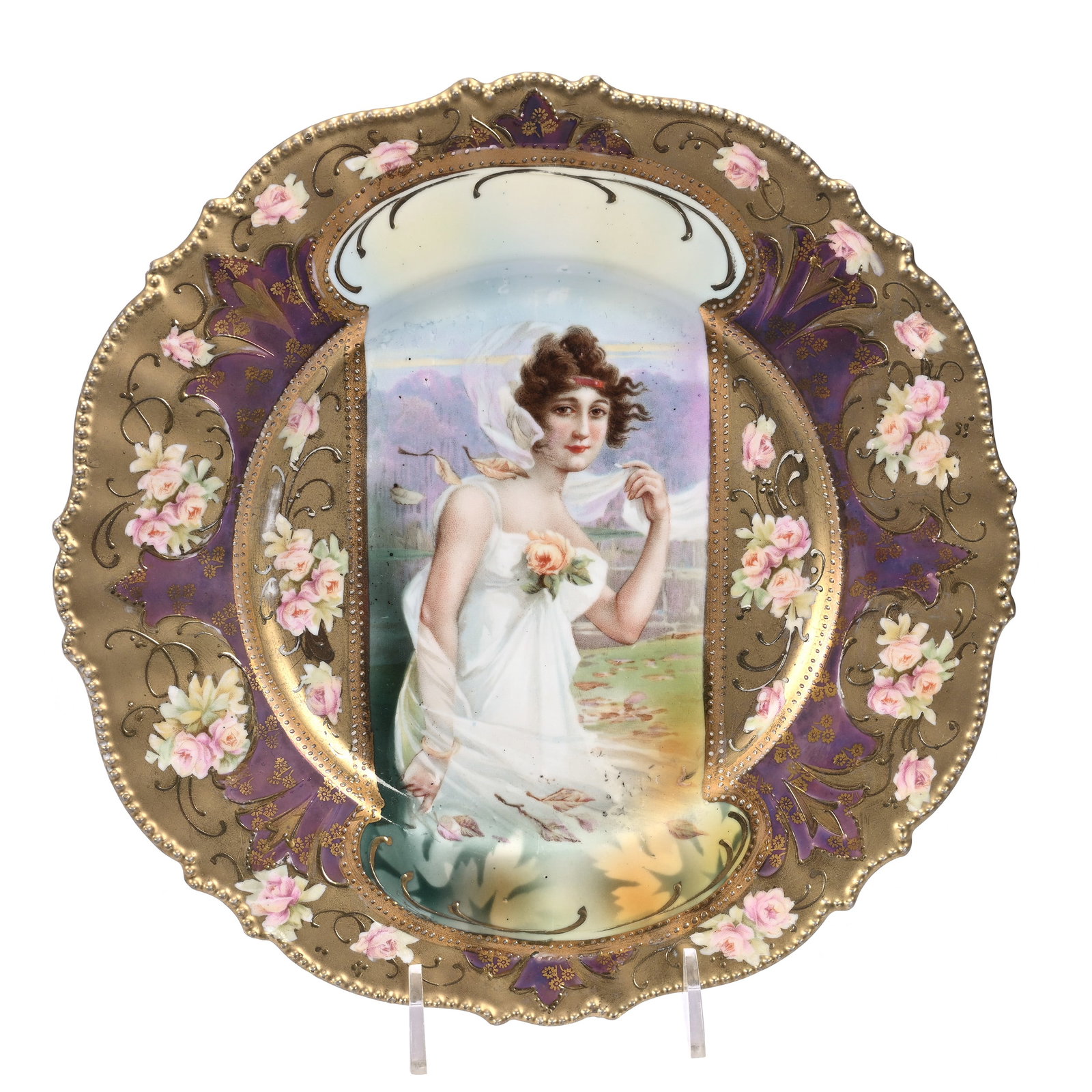 Plate Marked R. S. Prussia Fall Season: Plate Marked R. S. Prussia Fall Season, 9", Keyhole Portrait Decor, Mold 343, Gold And Iridescent Bronze Border, Illinois Private Collection.