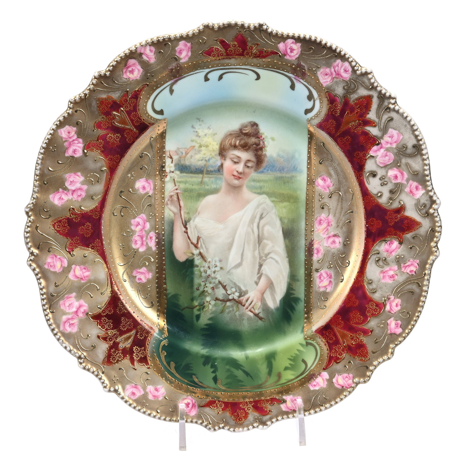 Plate Marked R. S. Prussia, Spring Season: Plate Marked R. S. Prussia, Spring Season, 9", Keyhole Portrait Decor, Mold 343, Red And Gold Border, Some Gold Wear, Illinois Private Collection.