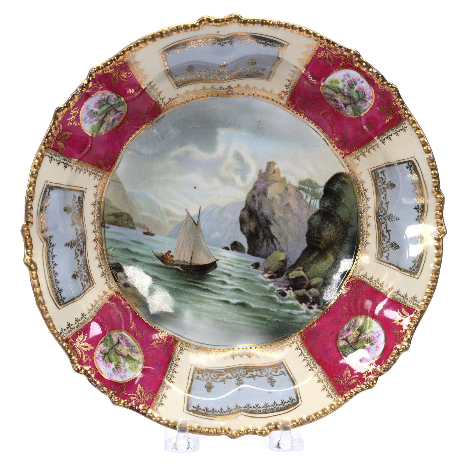 Bowl, Unmarked R. S. Prussia, Scenic Decor: Bowl, Unmarked R. S. Prussia, Scenic Decor, 9", Footed Mold 343, Old Man In Mountain Scenic Decor With Cream, Green And Blue Four Medallion Border Featuring Sheepherder Decor, Illinois Private Collect