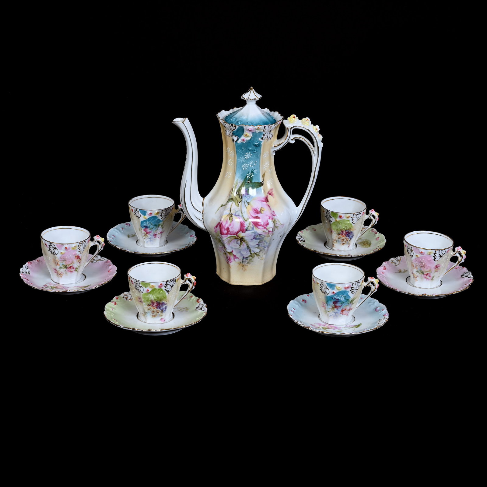 Coffee Set Marked R. S. Steeple: Coffee Set Marked R. S. Steeple, Rosebud Mold, (1) 9" x 6.75" Coffee Pot, Blue, Cream And White Tones With Floral Decor, (6) Matching Cups And Saucers Which Are Color Matched - (2) Blue, (2) Green, (2