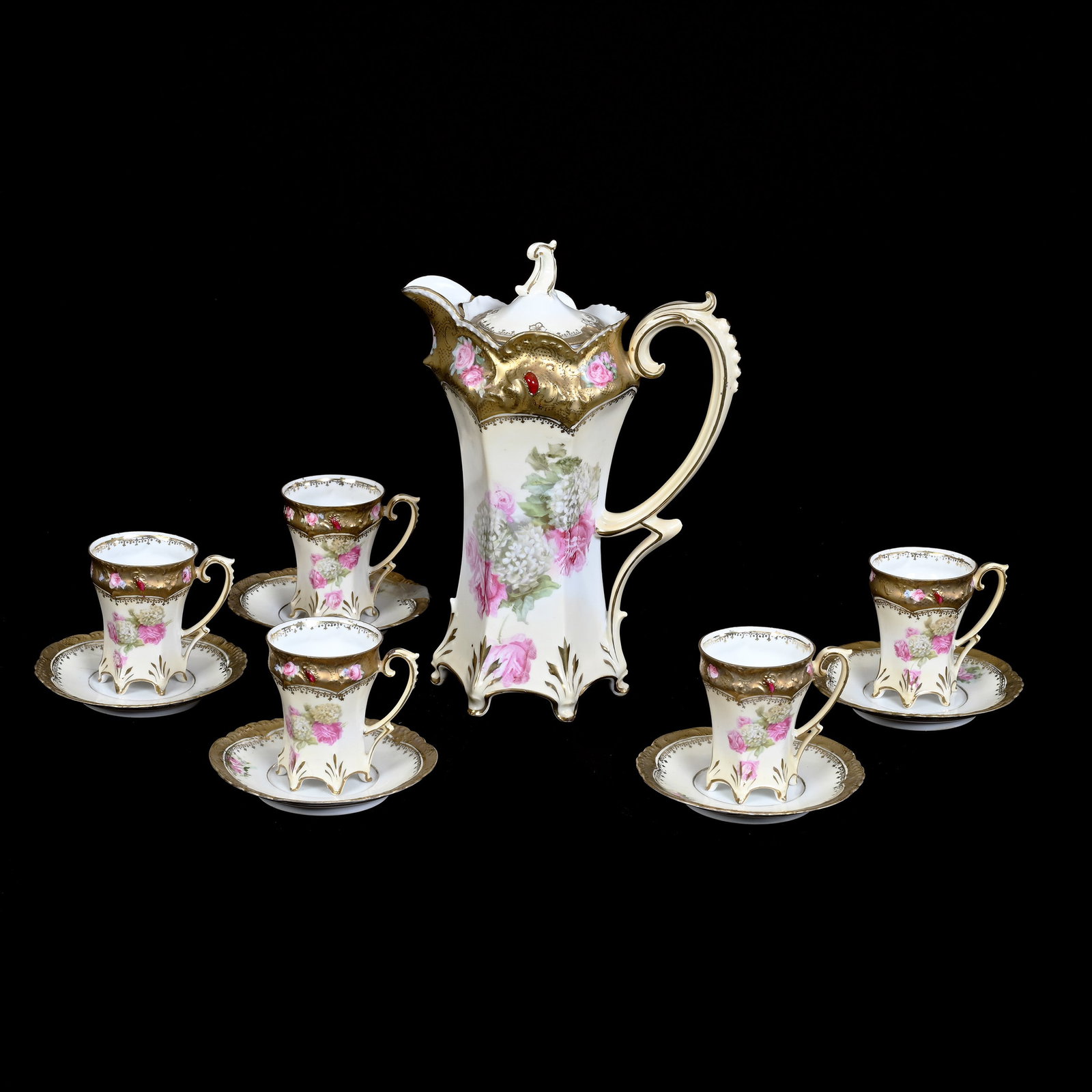 Chocolate Set Marked R. S. Prussia: Chocolate Set Marked R. S. Prussia, Cream And White Tones, Snowball And Rose Decor, Heavy Gold Tapestry Border, Red Jewel Highlights, (1) 9.5" x 7" Chocolate Pot, (5) Matching Cups And Saucers, One Sa