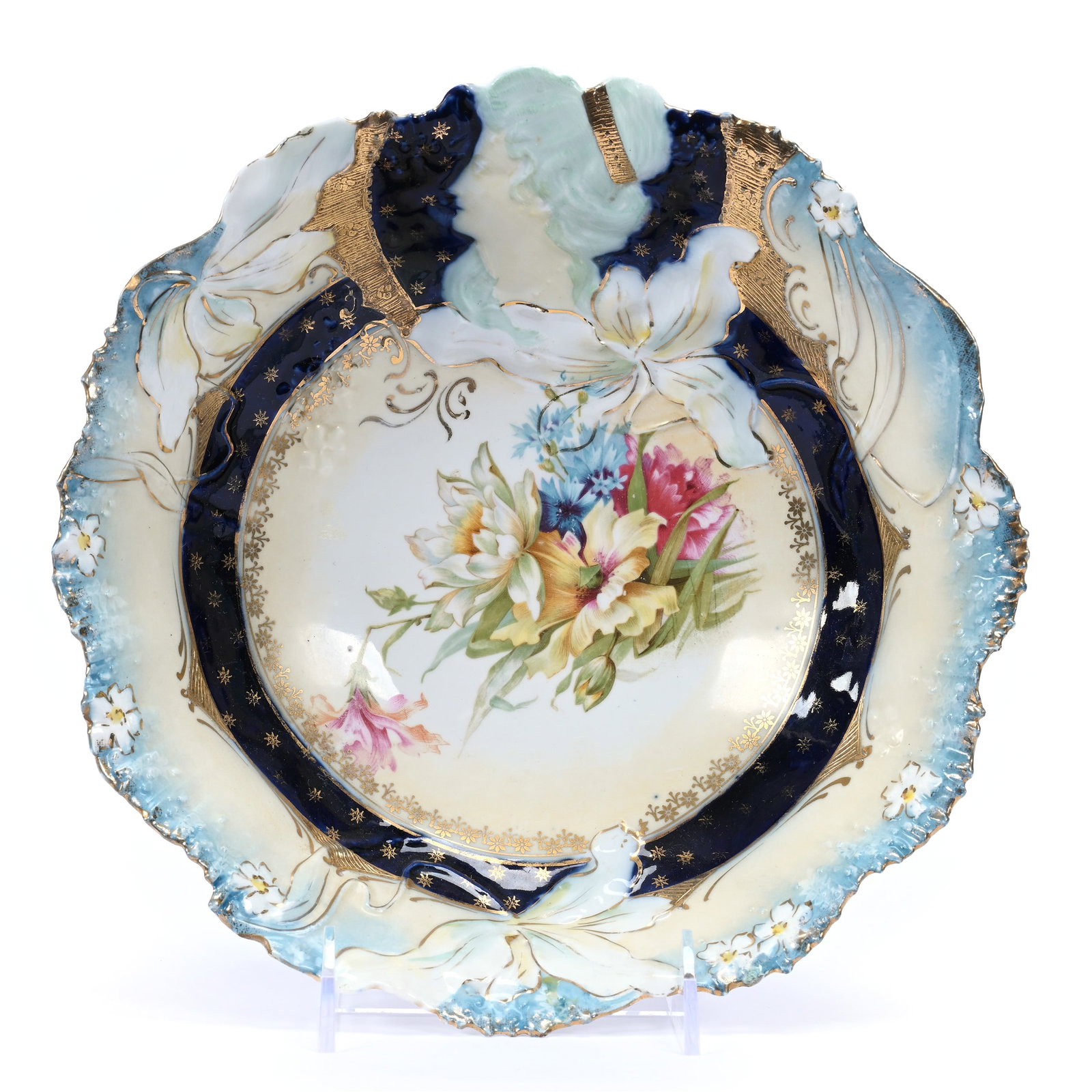 Bowl, Unmarked R. S. Prussia, Hidden Image Mold: Bowl, Unmarked R. S. Prussia, Hidden Image Mold, 10", Cream Center With Wild Floral Decor, Cobalt Blue And Blue With Gold Trim Highlights, Illinois Private Collection.
