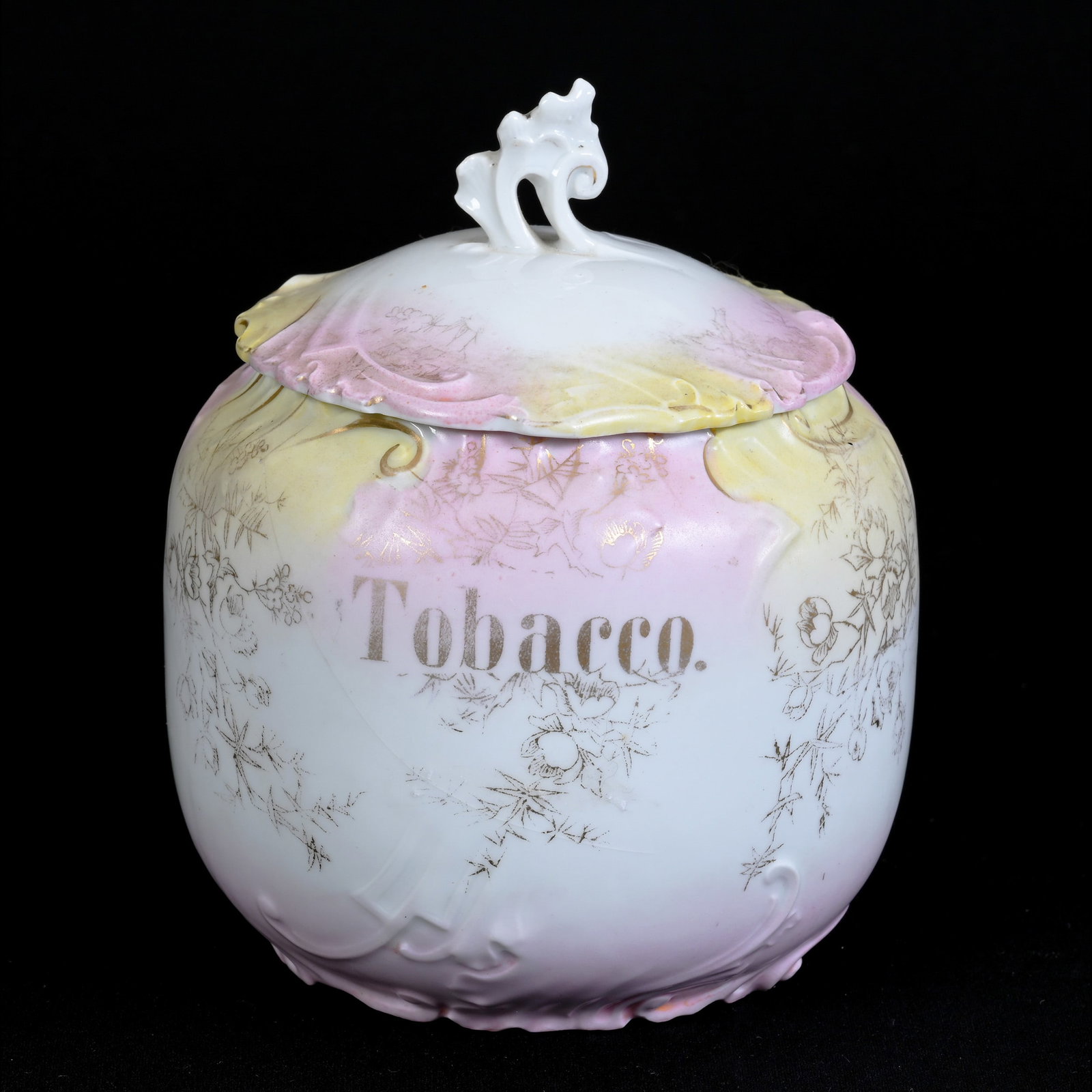 Humidor, Unmarked Early R. S. Prussia: Humidor, Unmarked Early R. S. Prussia, 6.5" x 5.5", Pink, Yellow And White Tones, Gold Stencil Highlights, "Tobacco" On Side, Base With Exterior Visible Hairline, Lid In Good Condition, Illinois Priva