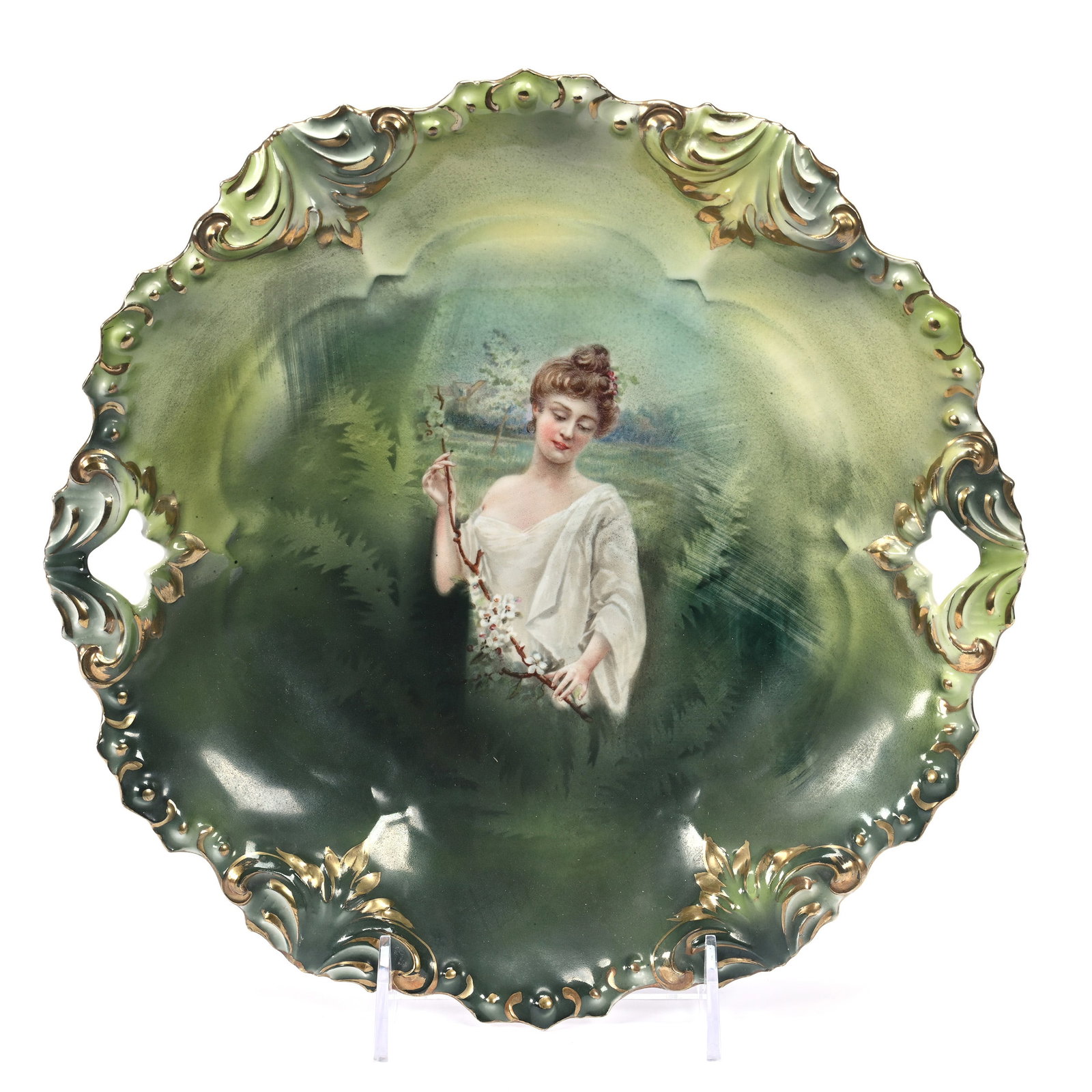 Cake Plate Marked R. S. Prussia, Spring Season Decor: Cake Plate Marked R. S. Prussia, Spring Season Decor, 11", Fleur De Lys Mold, Green Tones, Illinois Private Collection.