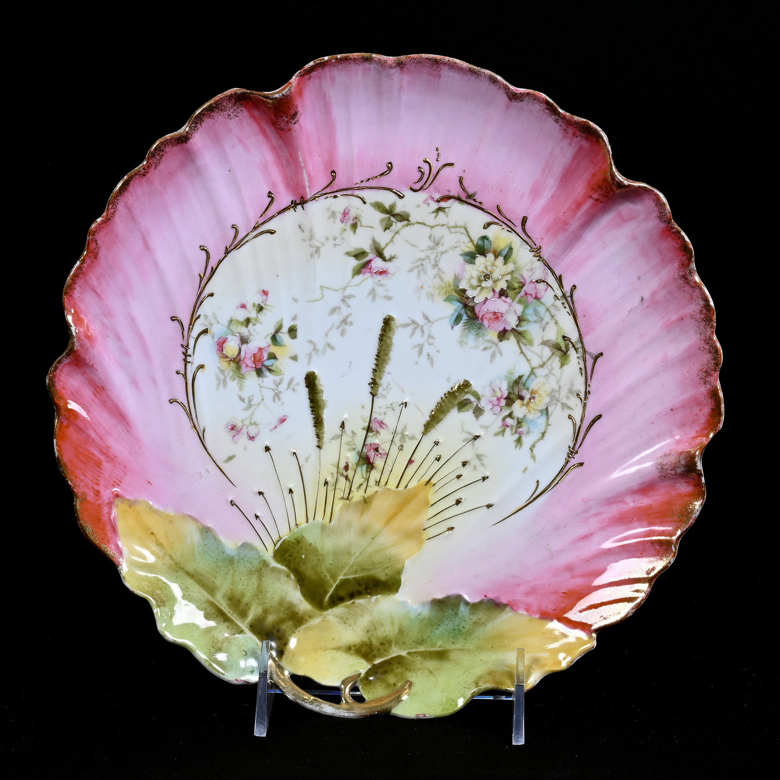 Plate, Unmarked R. S. Prussia: Plate, Unmarked R. S. Prussia, 9.5", Cream And White Center, Pink And Green Border, Gold Decor, Illinois Private Collection.