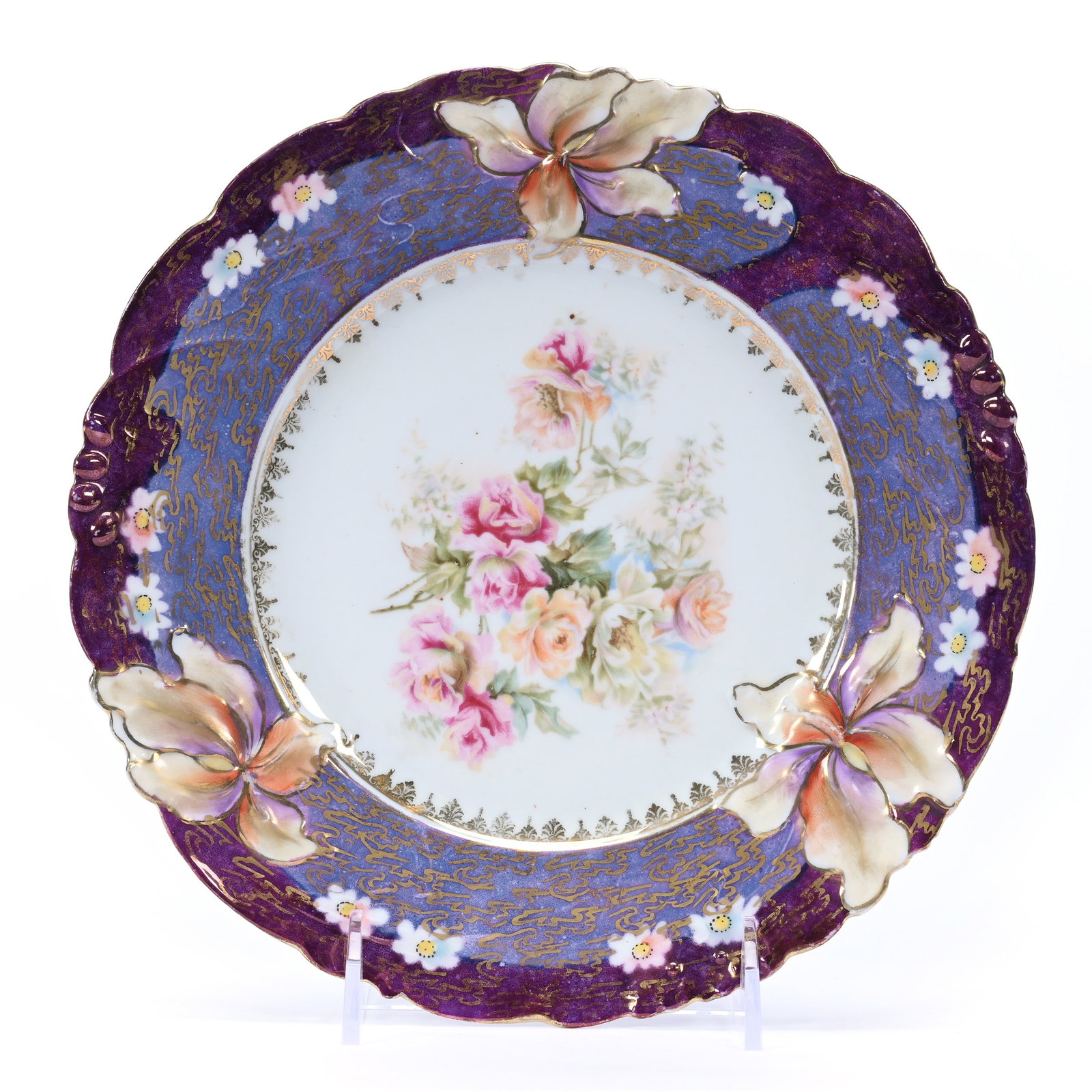 Plate, Unmarked R. S. Prussia: Plate, Unmarked R. S. Prussia, 9", Iris Variation Mold, White Center, Rose Decor, Lavender And Maroon Border, Gold Stencil Highlights, Illinois Private Collection.