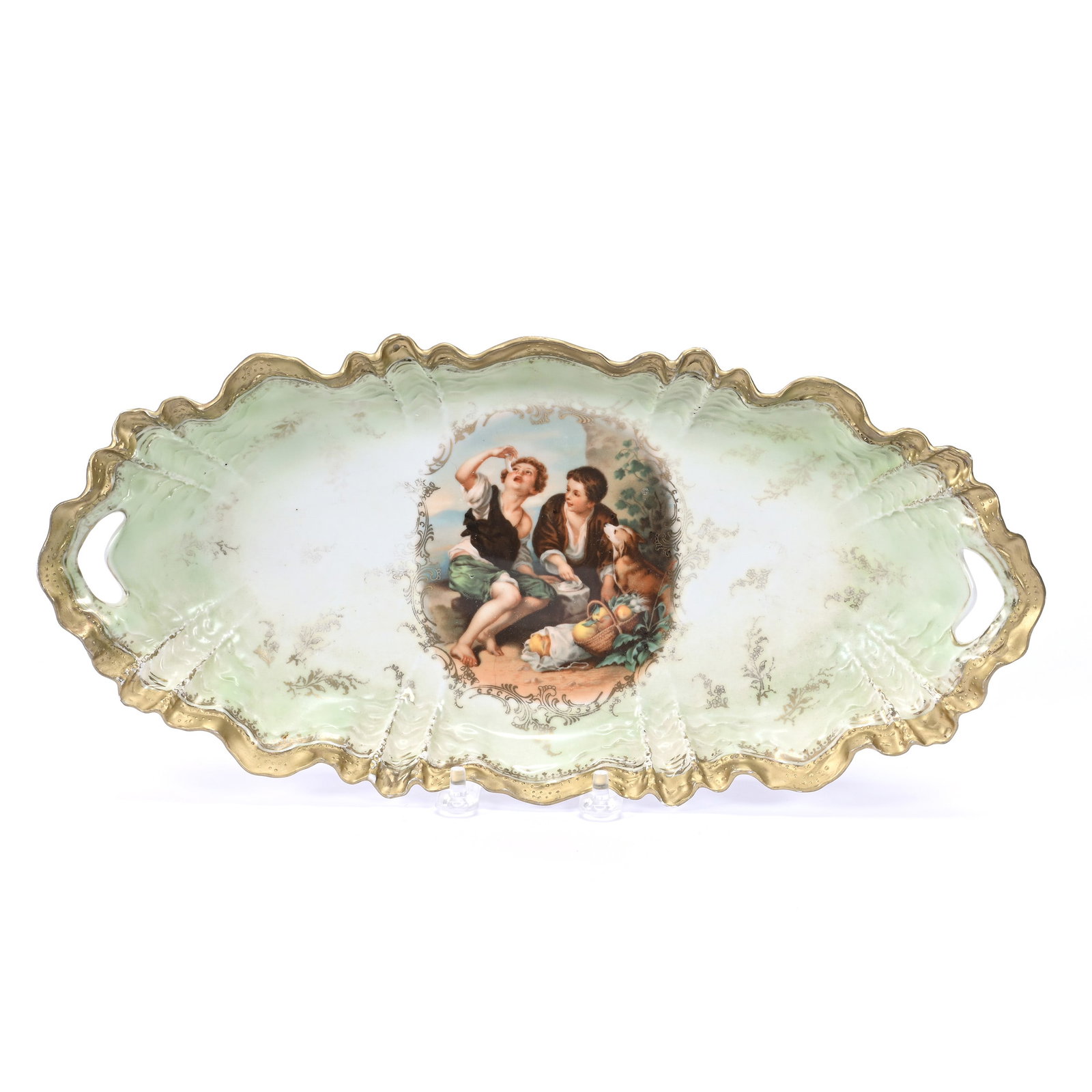 Celery Tray Marked R. S. Prussia, Melon Eater Decor: Celery Tray Marked R. S. Prussia, Melon Eater Decor, 13.75" x 6.5", Green And White Satin Finish, Gold Trim, Illinois Private Collection.