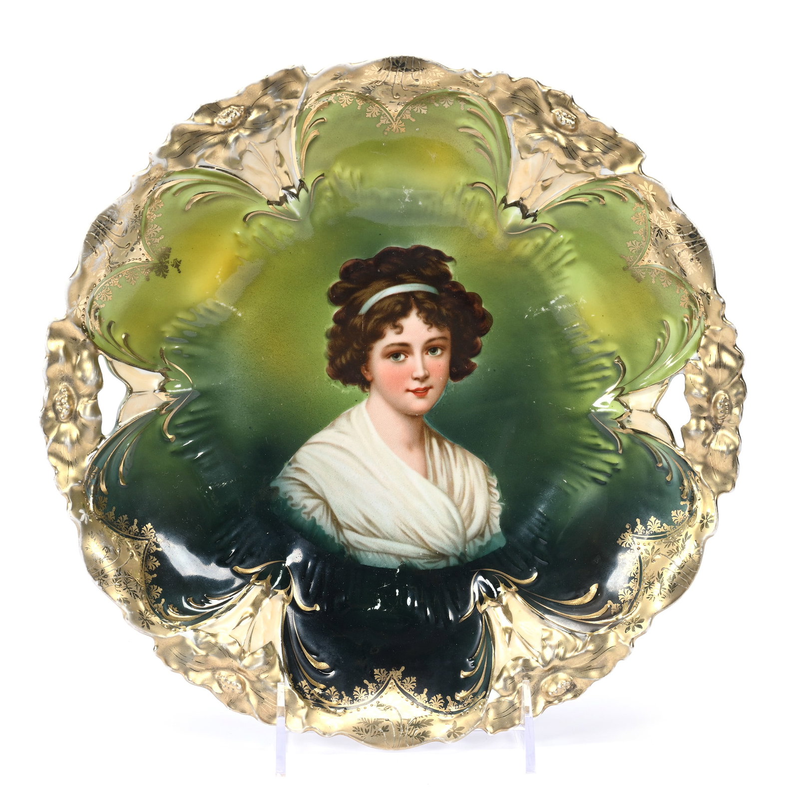 Cake Plate, Unmarked R. S. Steeple, Lebrun Portrait: Cake Plate, Unmarked R. S. Steeple, Lebrun Portrait, 10.5", Lily Mold, Lebrun With Ribbon, Green Ground, Heavy Gold Border, Light Gold Wear, Illinois Private Collection.