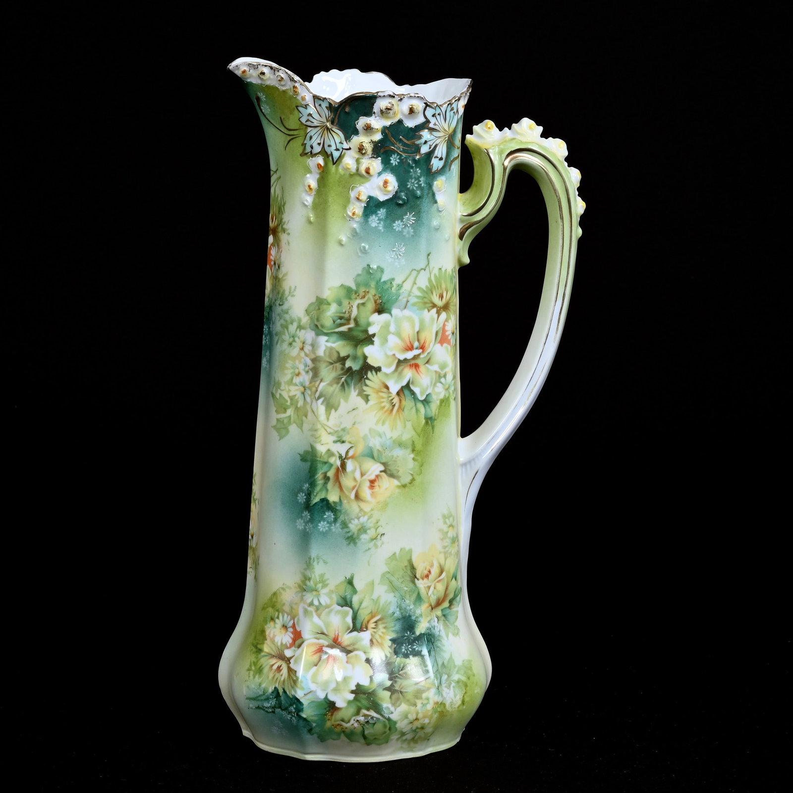 Tankard, R. S. Steeple Mark: Tankard, R. S. Steeple Mark, 14" x 7.25", Rosebud Mold, Two-Tone Green With Floral Decor, Illinois Private Collection.