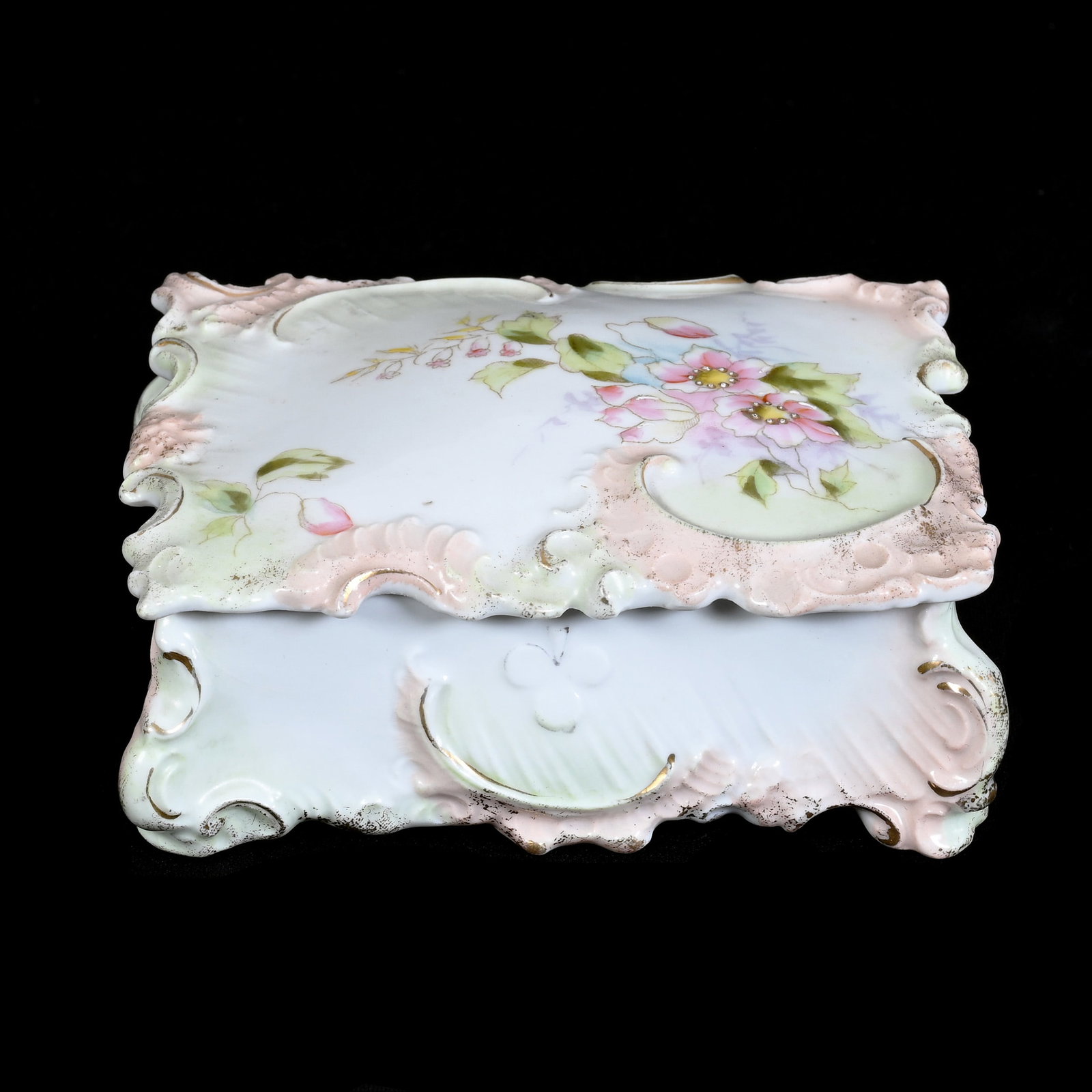 Box For Playing Cards, Unmarked Early Prussia: Box For Playing Cards, Unmarked Early Prussia, 2.25" x 5" x 3.5", Pink, Green And White Tones, Floral Decor, Lid With Interior Rim Chip, Illinois Private Collection.