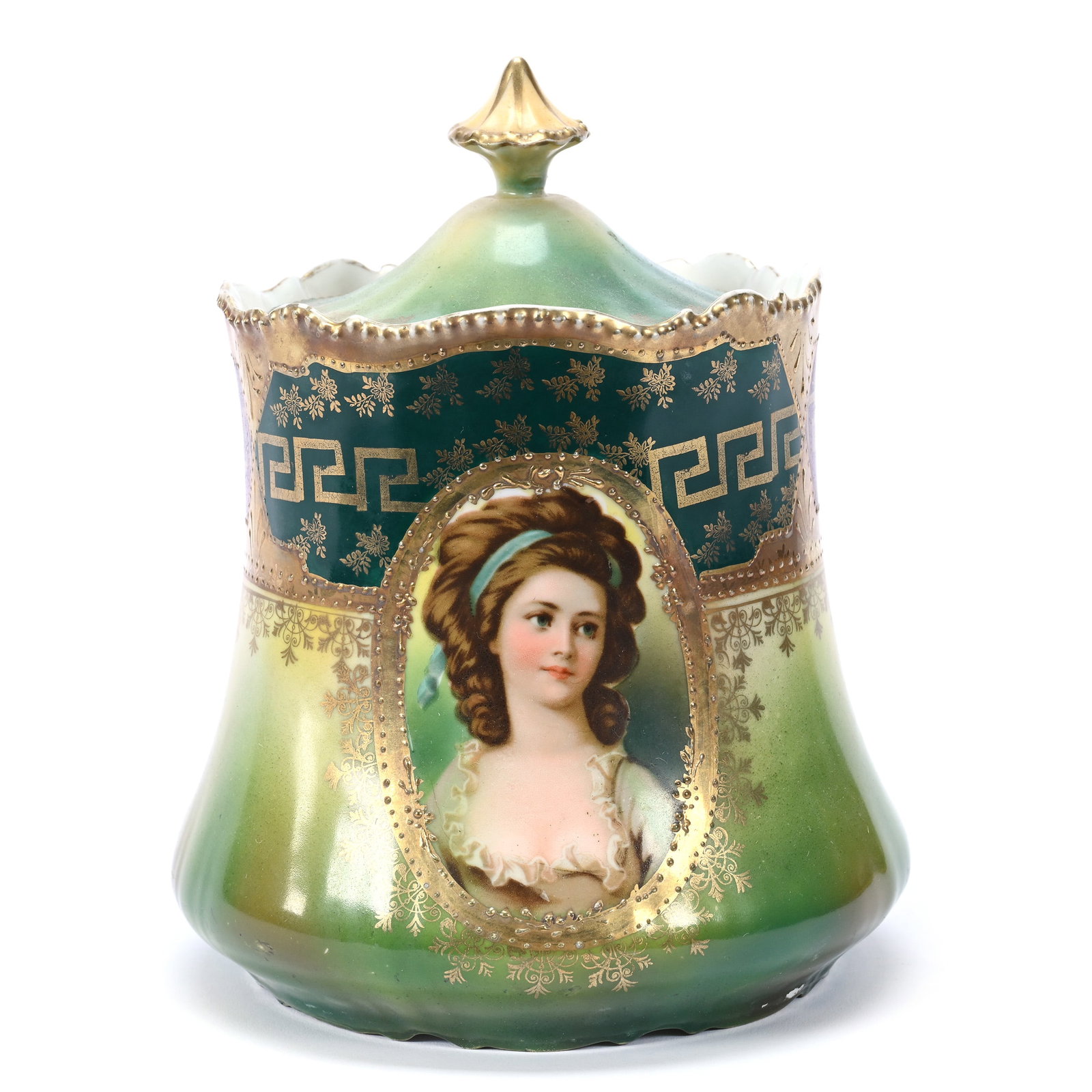 Biscuit Jar, Unmarked R. S. Prussia, Potocka: Biscuit Jar, Unmarked R. S. Prussia, Potocka, 7.25" x 5.5", Medallion Portrait Of Potocka, Green Ground, Classic Green And Maroon Border, Extensive Gold Highlights, Illinois Private Collection.