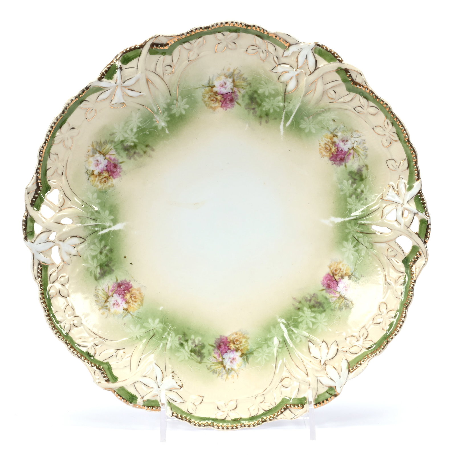Cake Plate, Unmarked R. S. Prussia: Cake Plate, Unmarked R. S. Prussia, 10", Cream And Green Tones, Floral Decor, Illinois Private Collection.