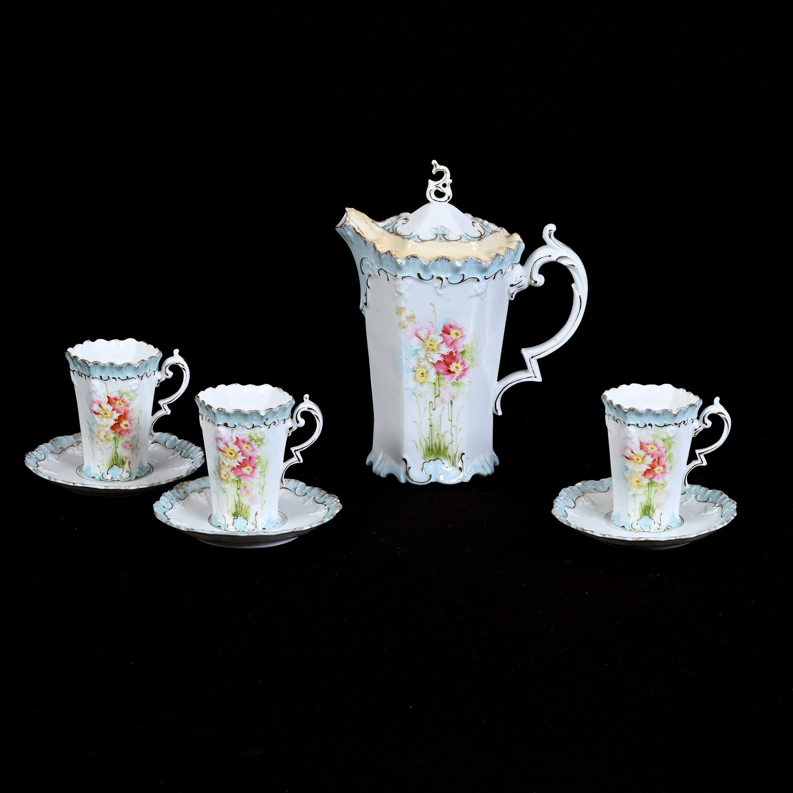 Chocolate Set, Unmarked R. S. Prussia: Chocolate Set, Unmarked R. S. Prussia, Six-Sided Mold, Cream, Blue And White Tones, Floral Decor, (1) 8" x 6.5" Chocolate Pot, Perfect Finial, (3) Matching Cups & Saucers, Illinois Private Collection.