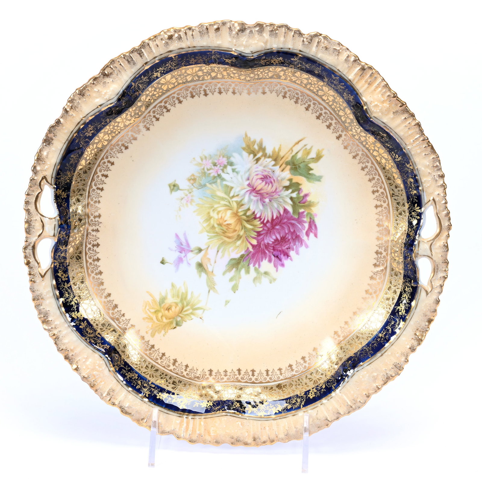 Cake Plate, Unmarked R. S. Prussia: Cake Plate, Unmarked R. S. Prussia, 10.25", Cream Tones, Floral Decor, Brocaded Gold And Cobalt Blue Border, Illinois Private Collection.