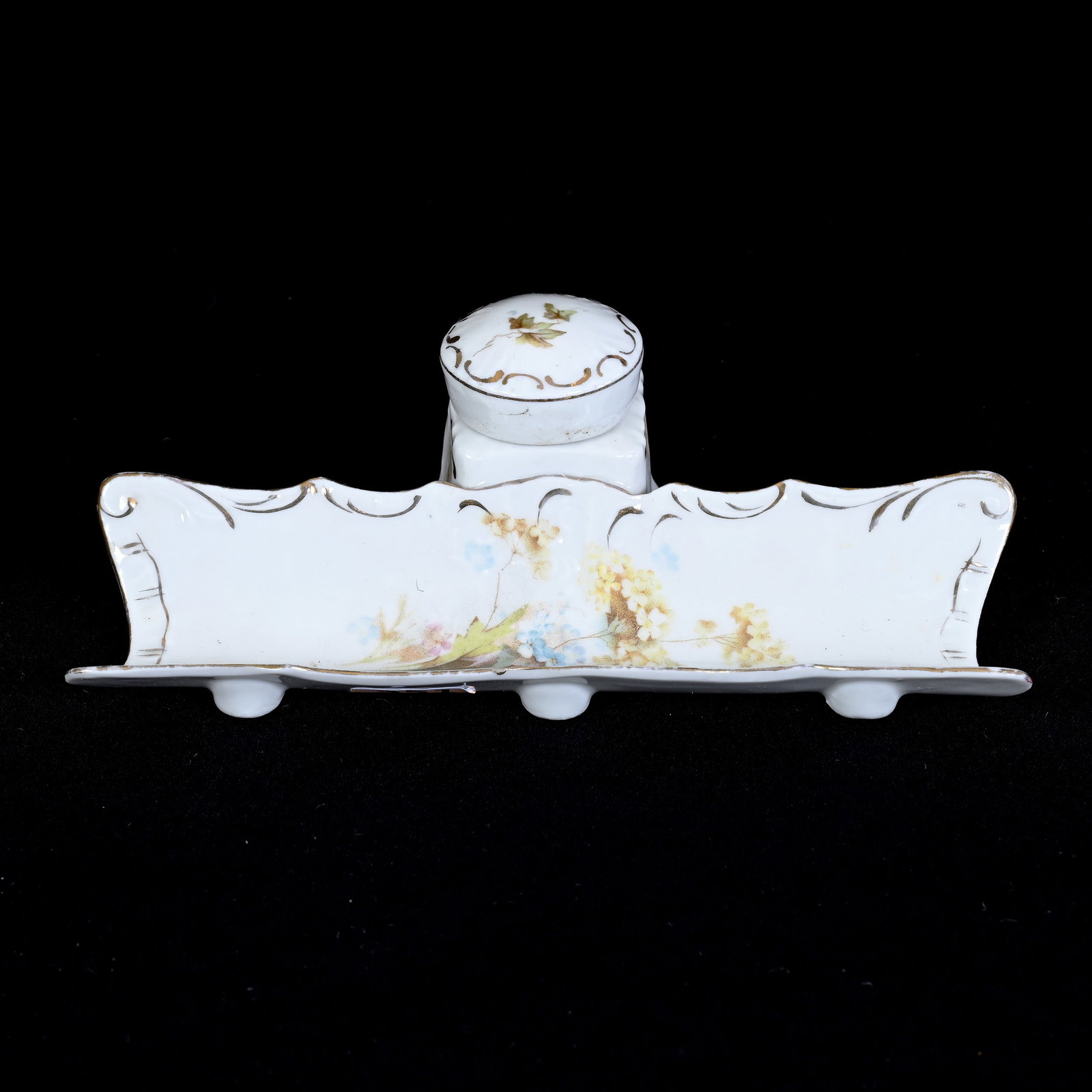 Pen Tray/Attached Inkwell, Unmarked Prussia: Pen Tray/Attached Inkwell, Unmarked Prussia, 2" x 6.5" x 3.5", White With Floral Decor, Original Lid And Insert, Illinois Private Collection.