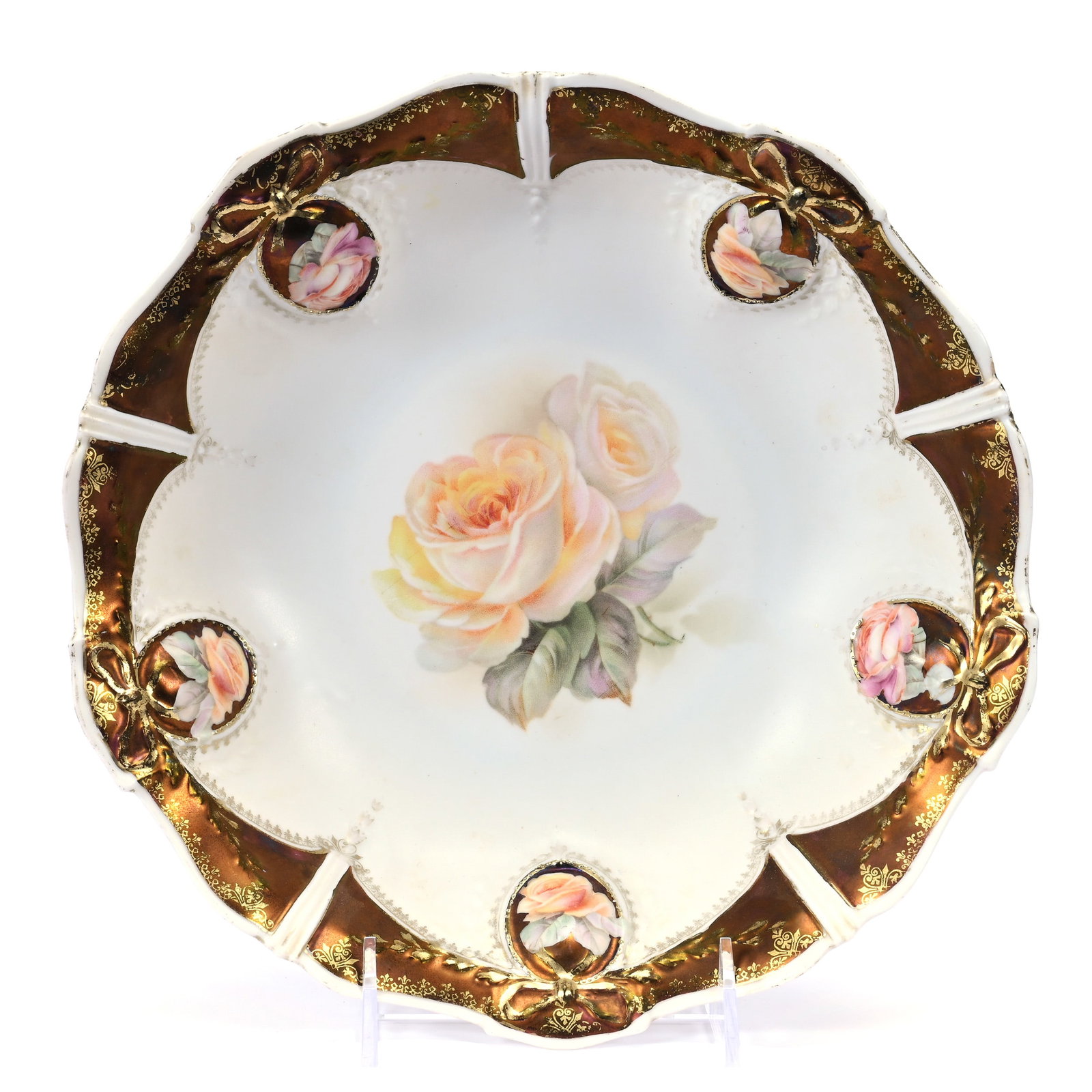 Bowl Marked R. S. Prussia: Bowl Marked R. S. Prussia, 10", Locket Mold, White Satin Finish With Rose Decor, Iridescent Bronze Border, Rose Medallion Highlights, Nice Bowl, Illinois Private Collection.