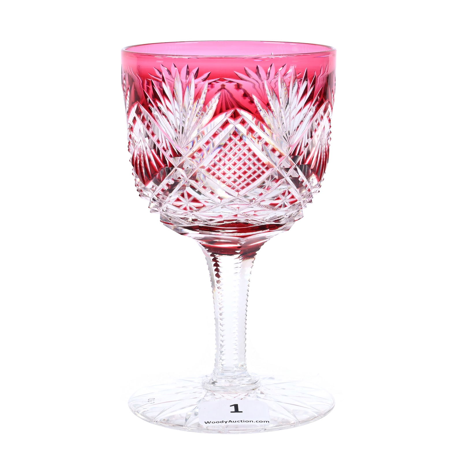 Wine Stem, American Brilliant Cut Glass, Cranberry Cut To Clear, Parisian Pattern By Dorflinger