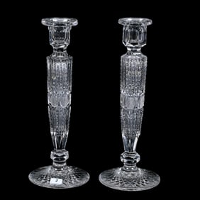 Pair Candlesticks, American Brilliant Cut Glass, Prism Cut Body With Strawberry Diamond Cut Buttons