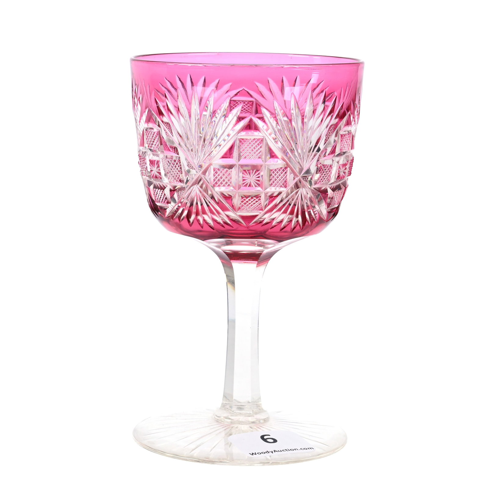 Wine Stem, American Brilliant Cut Glass, Cranberry Cut To Clear: Wine Stem, American Brilliant Cut Glass, Cranberry Cut To Clear, 4.5" x 2.75", Strawberry Diamond Block, Star And Fan Motif, Ray Cut Foot, Dr. Dallas & The Late Evelyn Nelson, KS.