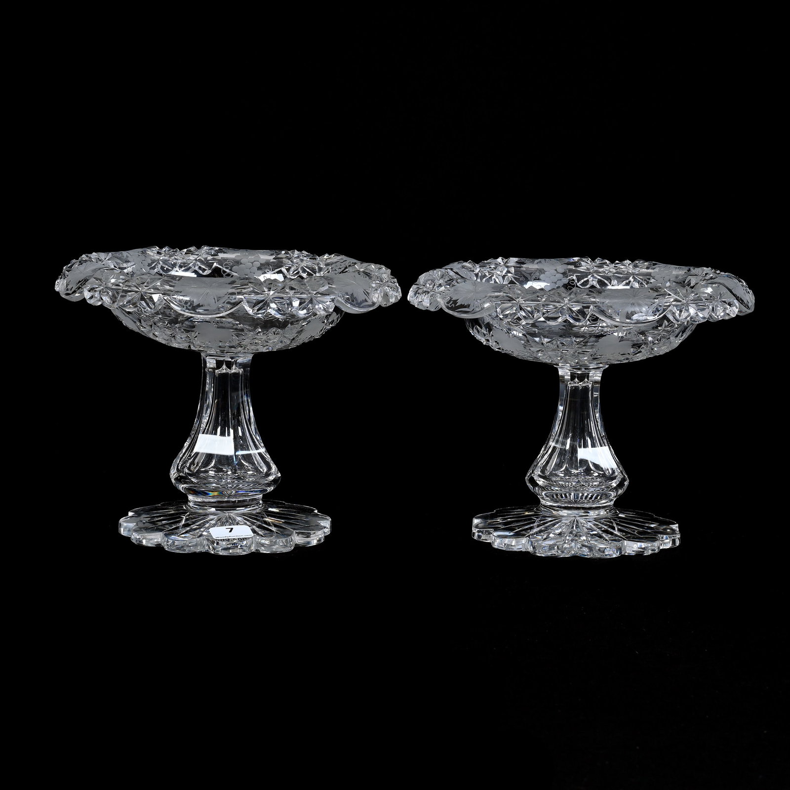 Pair Compotes, American Brilliant Cut Glass: Pair Compotes, American Brilliant Cut Glass, 6" x 7.5", Alternating Miter Fields With Engraved Vintage Motif, Rolled Rim, Scalloped Ray Cut Foot, Beautiful Pair, American Cut Glass Association Collect